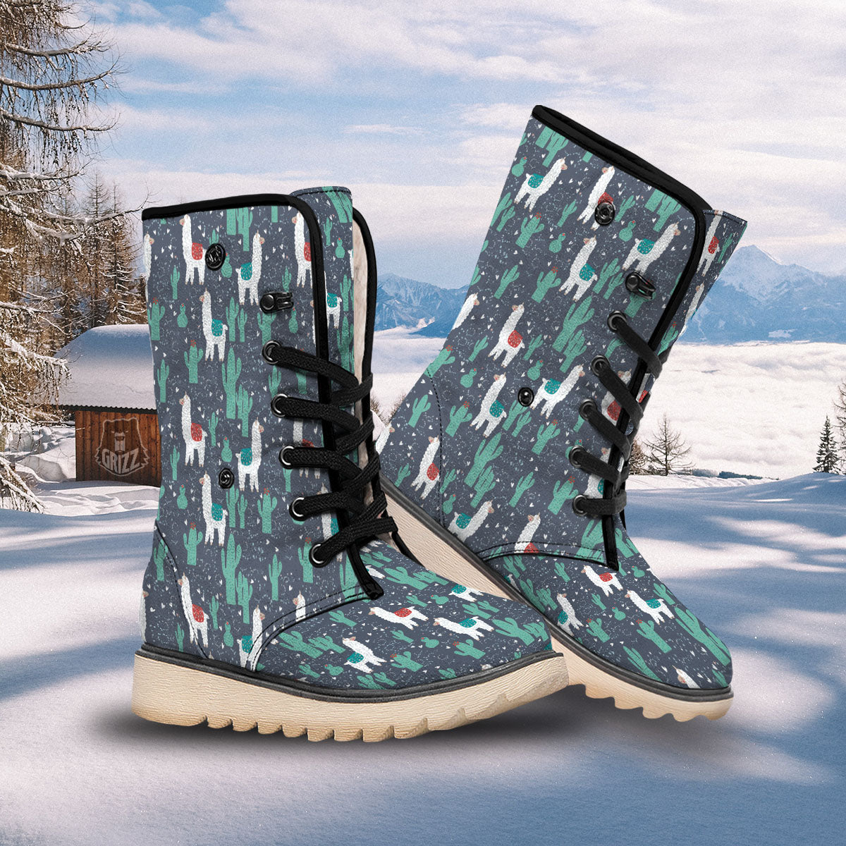 Cactus And Happy Llama Print Pattern Snow Boots-grizzshop