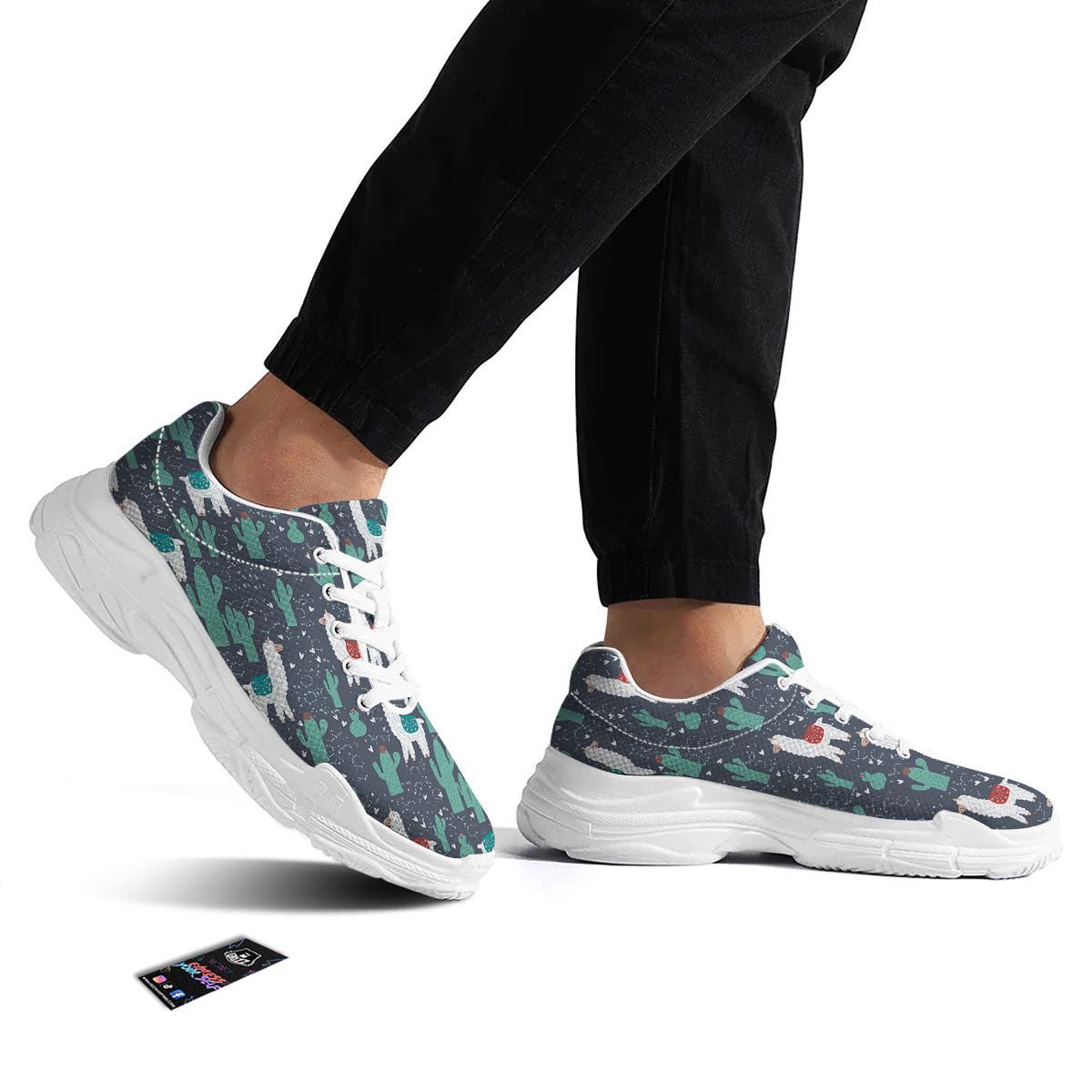 Cactus And Happy Llama Print Pattern White Chunky Shoes-grizzshop