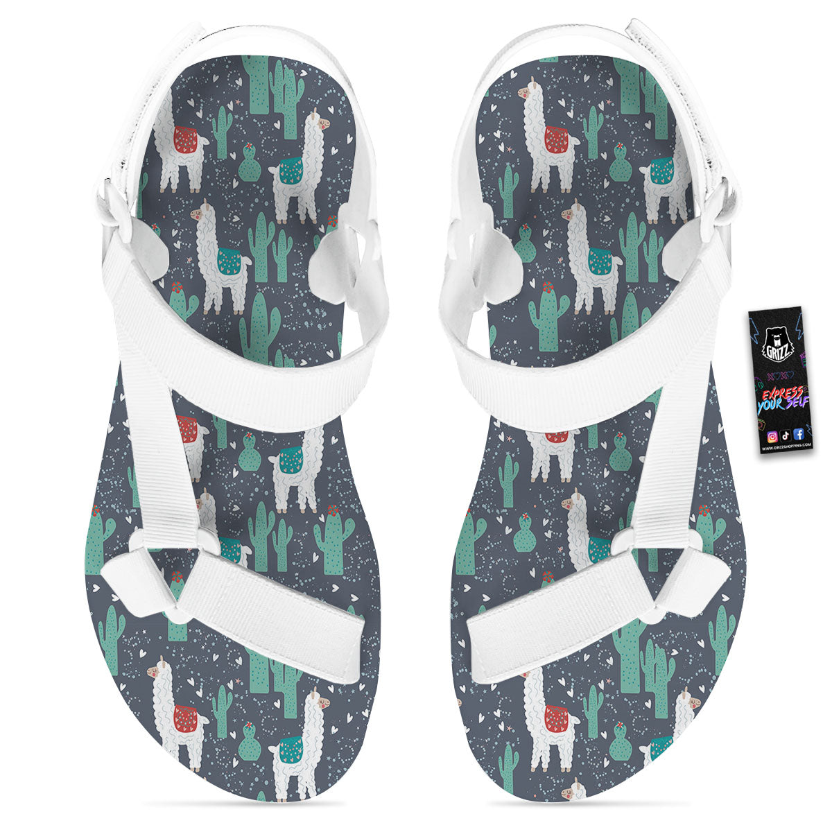 Cactus And Happy Llama Print Pattern White Open Toe Sandals-grizzshop