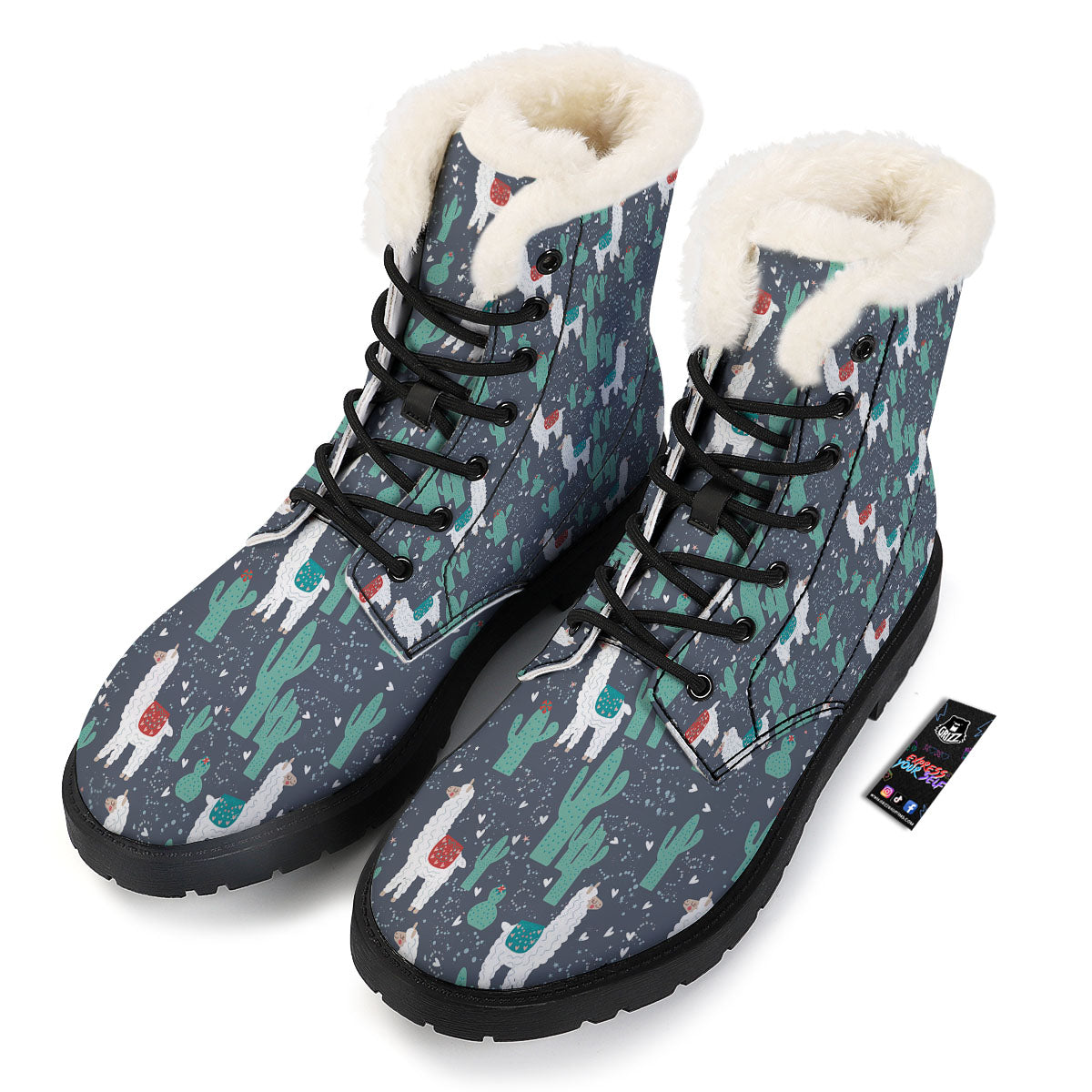 Cactus And Happy Llama Print Pattern Winter Boots-grizzshop