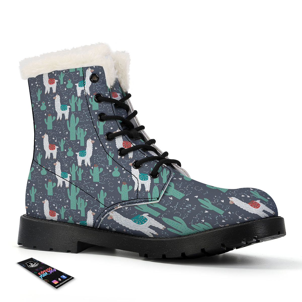 Cactus And Happy Llama Print Pattern Winter Boots-grizzshop