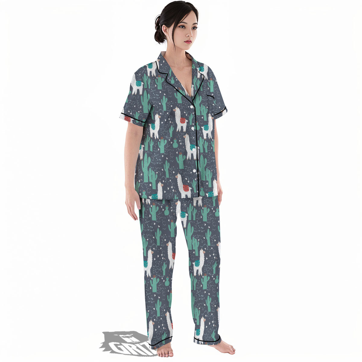 Cactus And Happy Llama Print Pattern Women's Pajamas Set-grizzshop