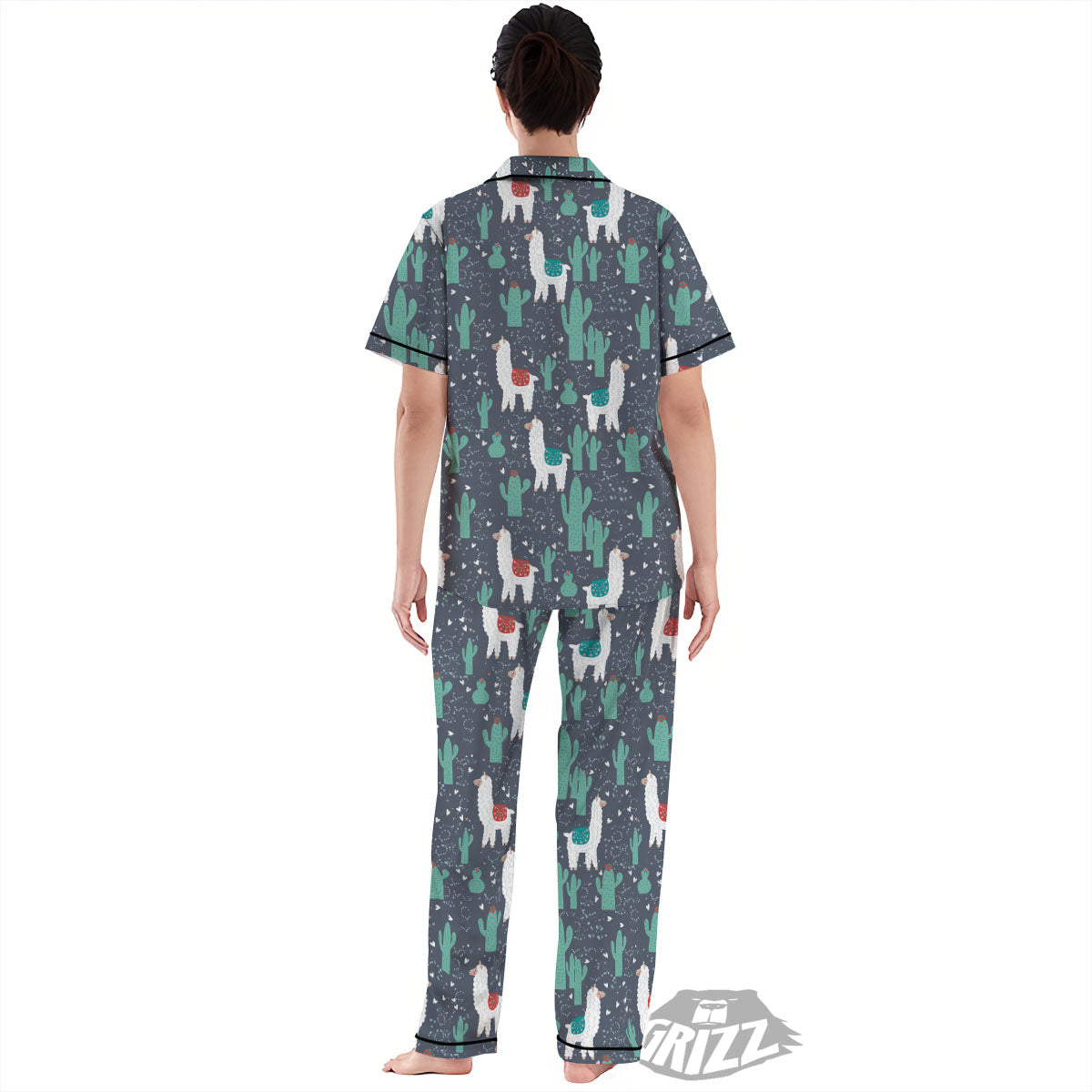 Cactus And Happy Llama Print Pattern Women's Pajamas Set-grizzshop