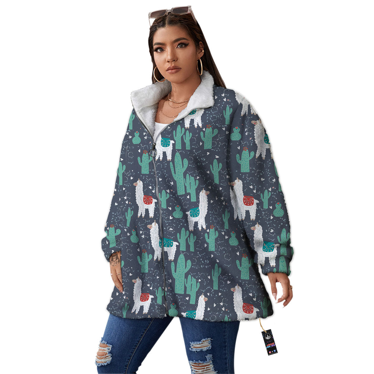 Cactus And Happy Llama Print Pattern Women's Sherpa Jacket-grizzshop