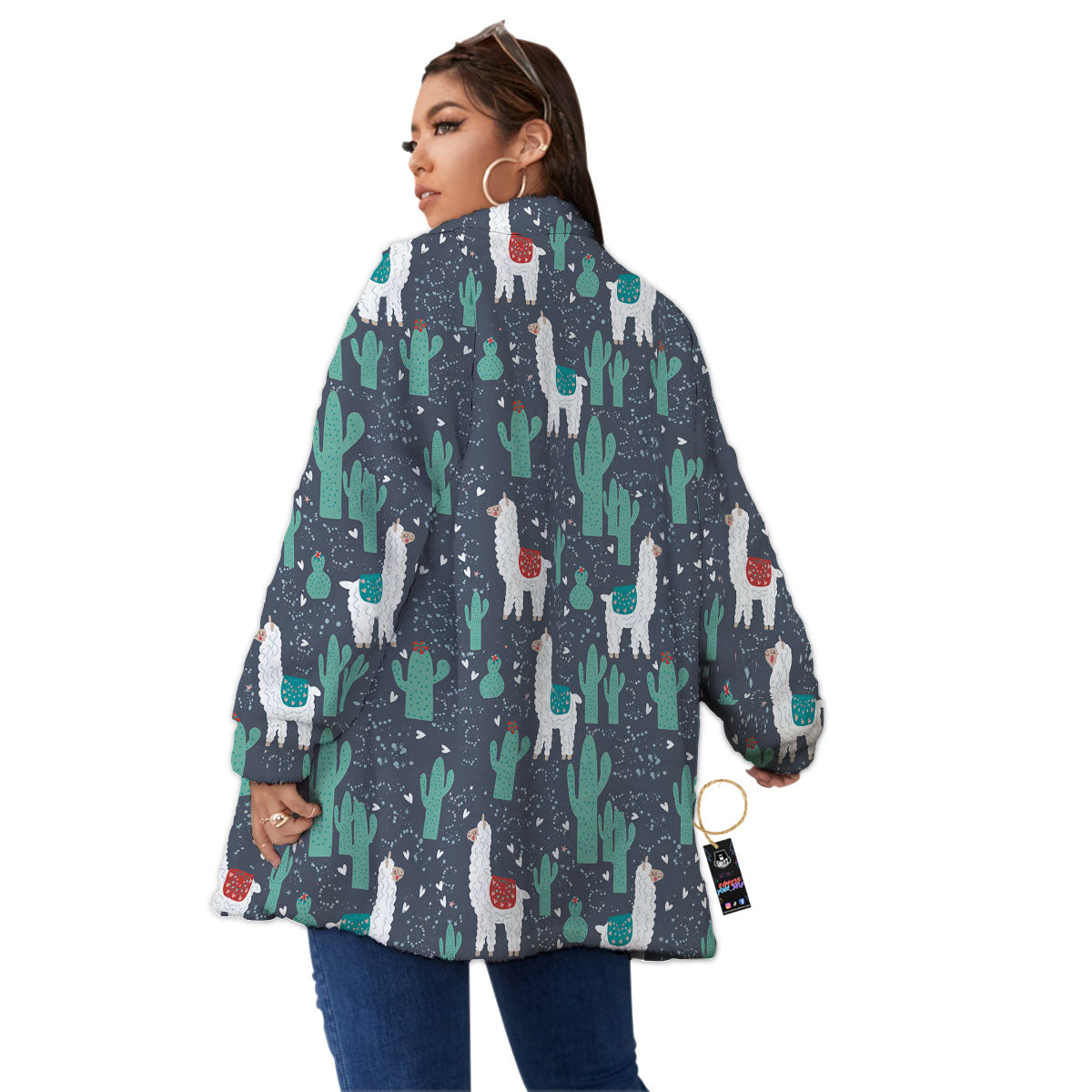 Cactus And Happy Llama Print Pattern Women's Sherpa Jacket-grizzshop