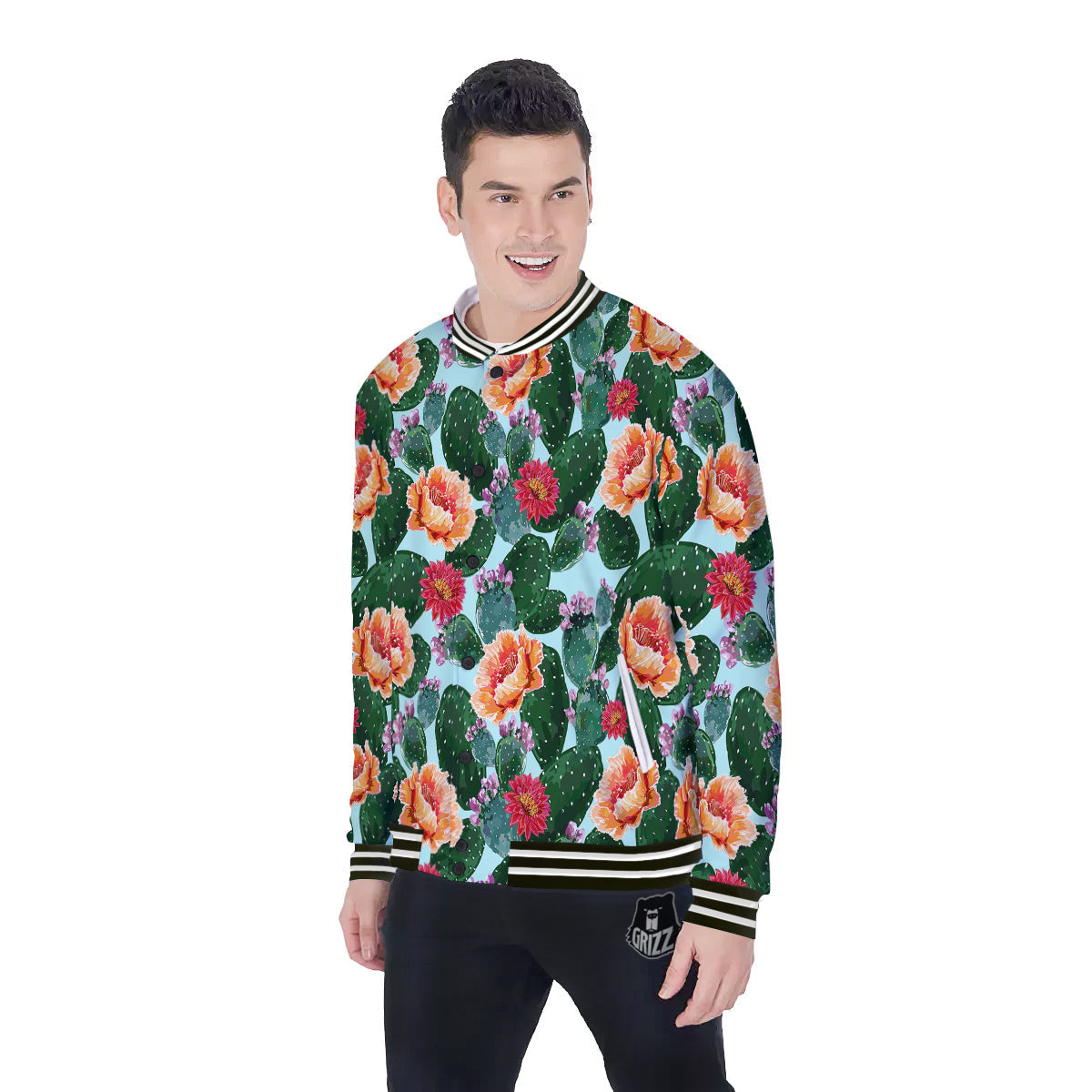 Cactus Blooming Watercolor Print Pattern Baseball Jacket-grizzshop