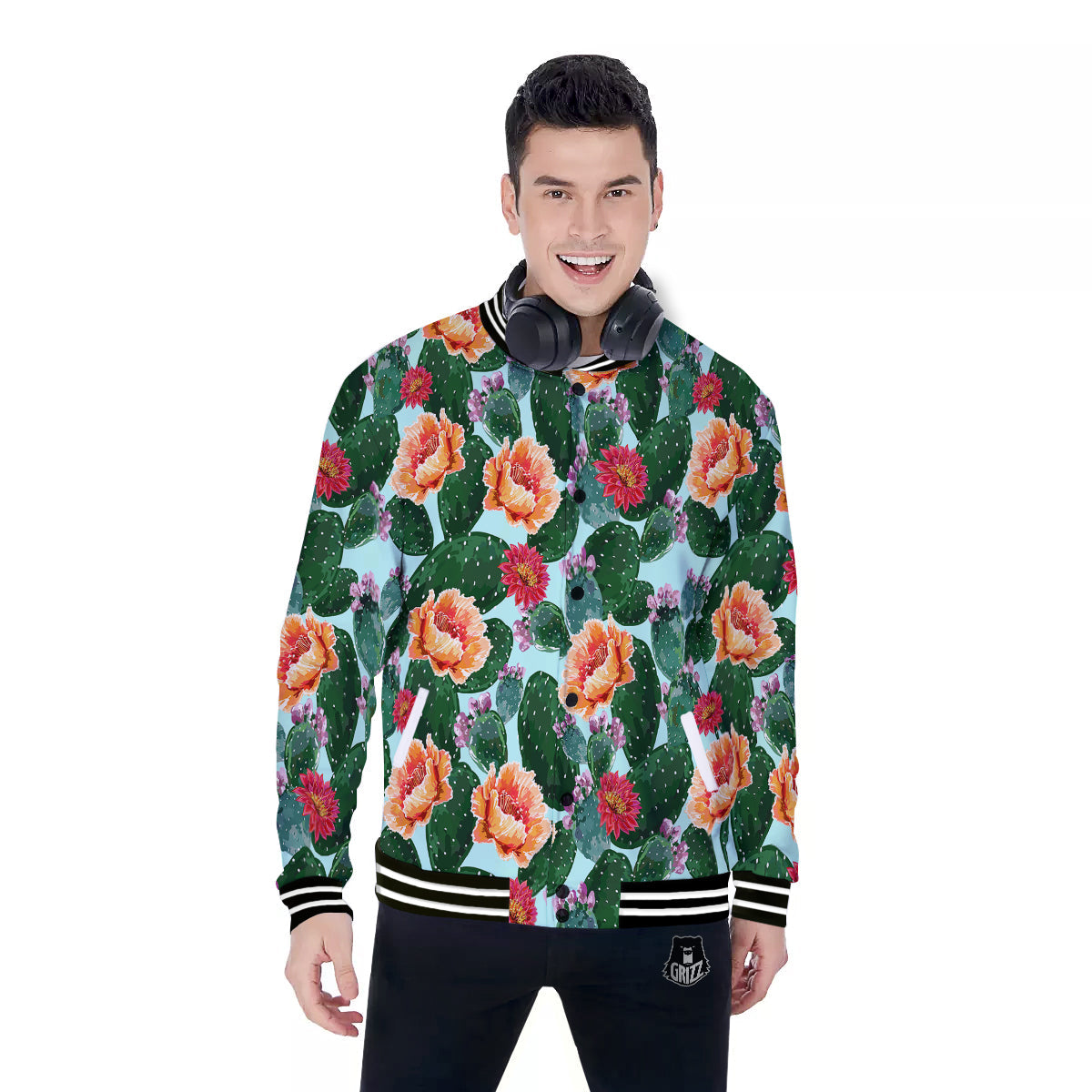 Cactus Blooming Watercolor Print Pattern Baseball Jacket-grizzshop
