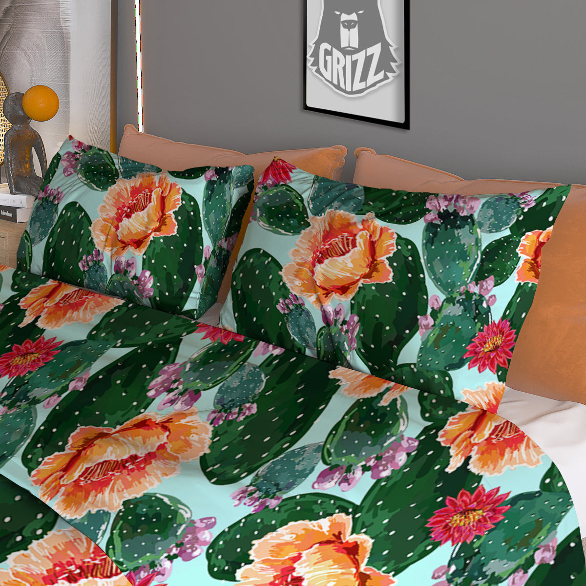 Cactus Blooming Watercolor Print Pattern Duvet Cover Bedding Set