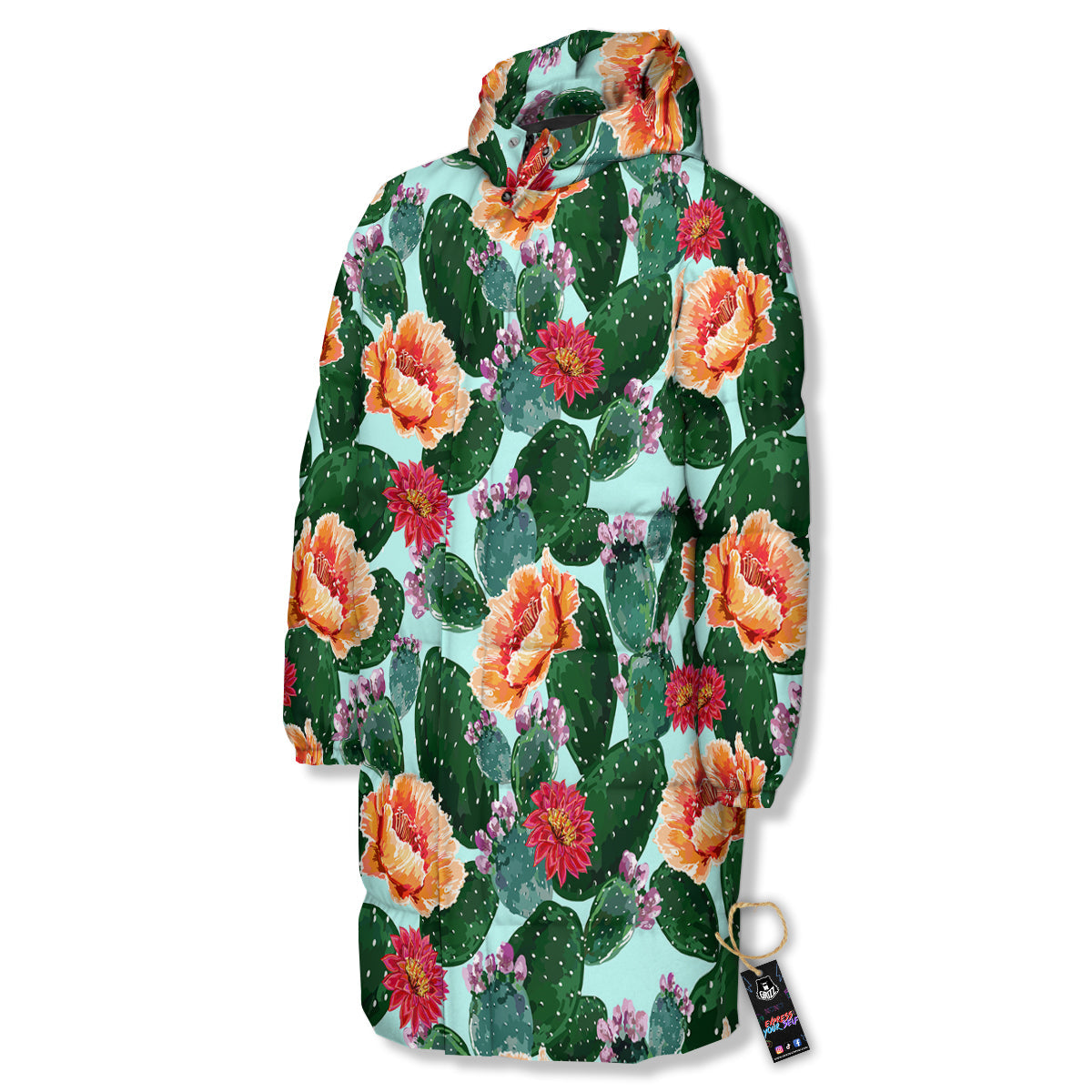 Cactus Blooming Watercolor Print Pattern Long Down Jacket-grizzshop