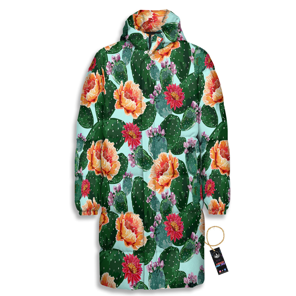 Cactus Blooming Watercolor Print Pattern Long Down Jacket-grizzshop