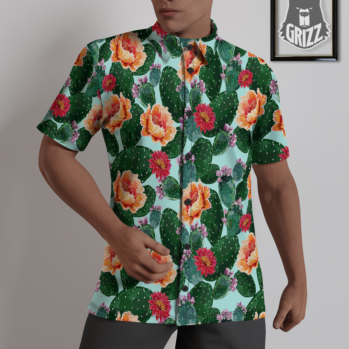 Cactus Blooming Watercolor Print Pattern Untucked Shirts-grizzshop