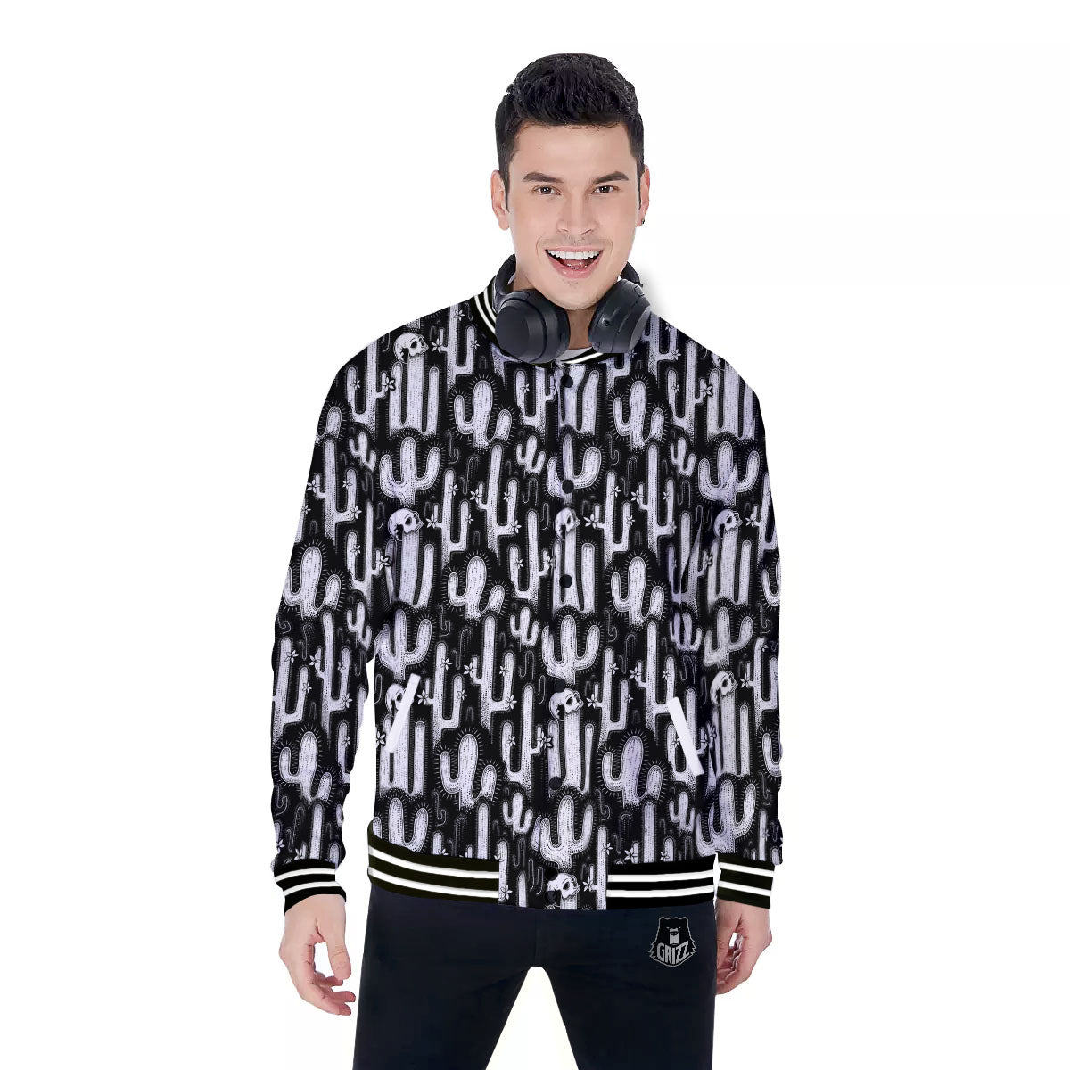Cactus White And Black Print Pattern Baseball Jacket-grizzshop