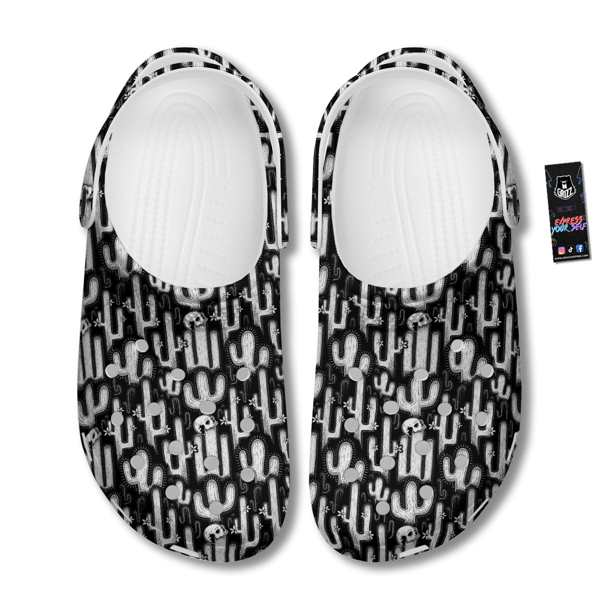 Cactus White And Black Print Pattern Clog-grizzshop