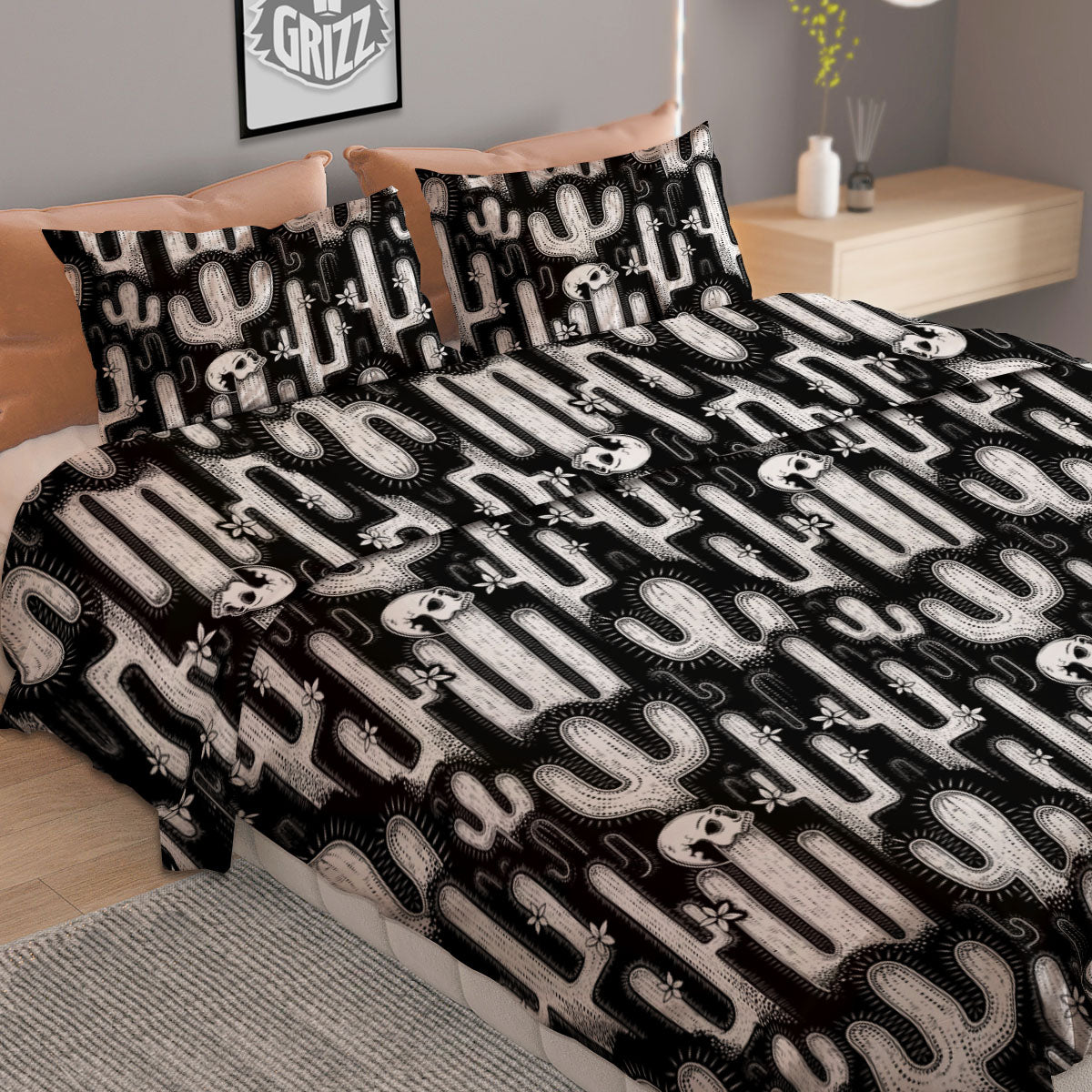 Cactus White And Black Print Pattern Duvet Cover Bedding Set