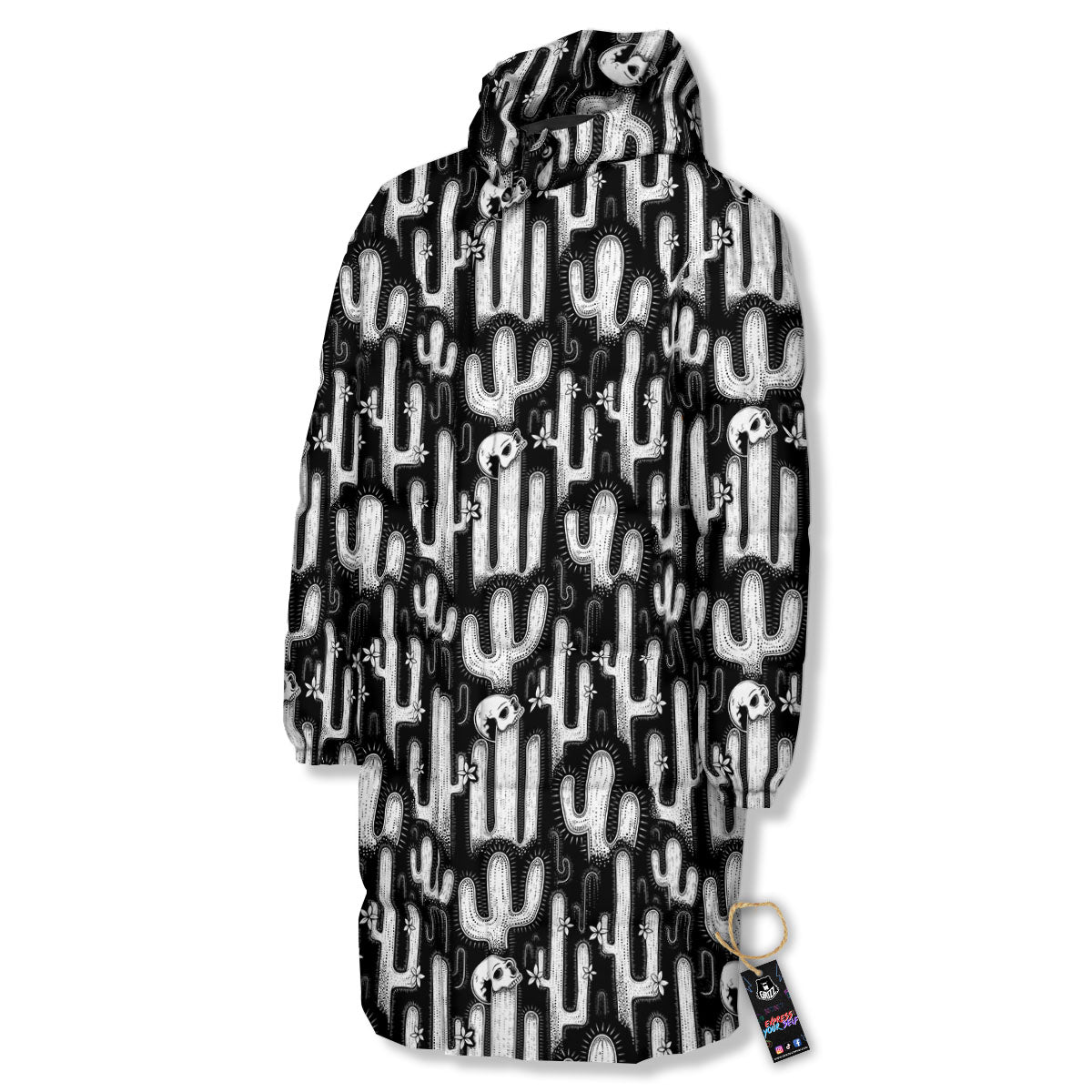 Cactus White And Black Print Pattern Long Down Jacket-grizzshop