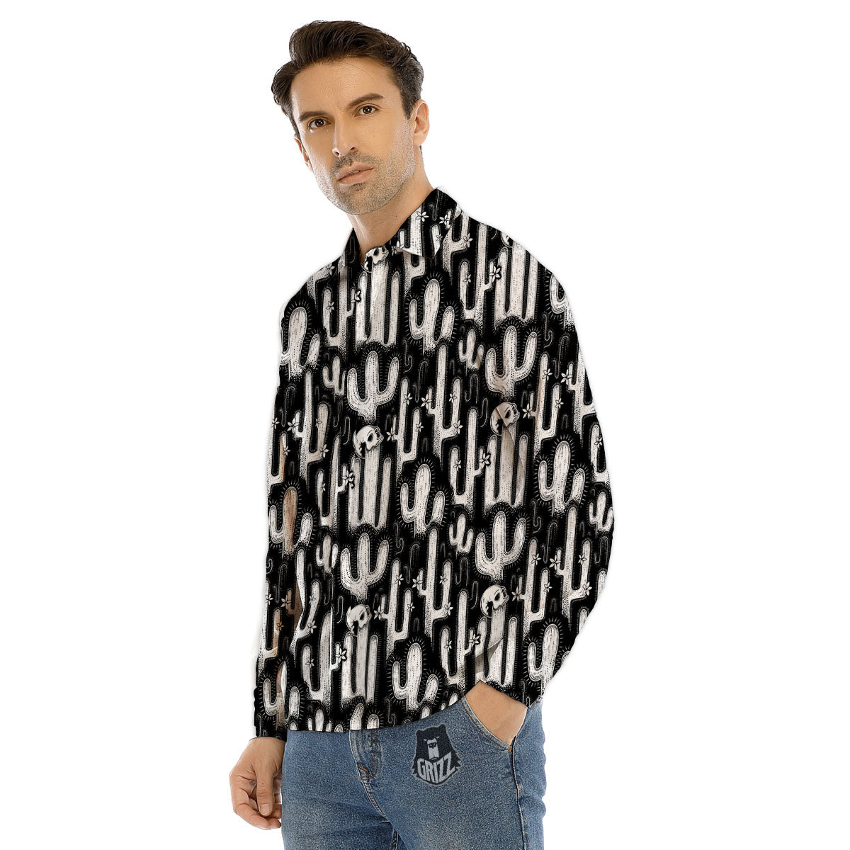 Cactus White And Black Print Pattern Men's Dress Shirts-grizzshop