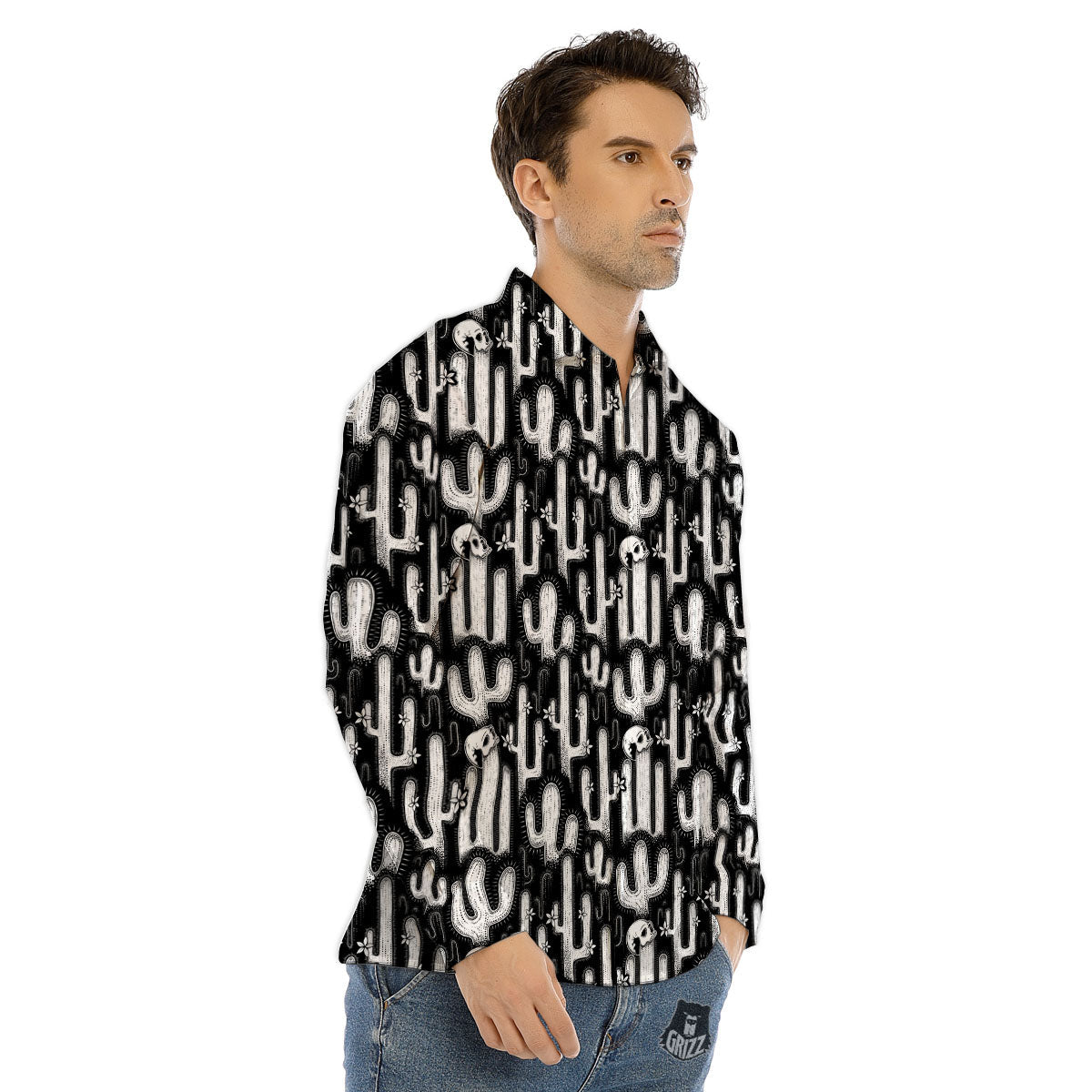Cactus White And Black Print Pattern Men's Dress Shirts-grizzshop