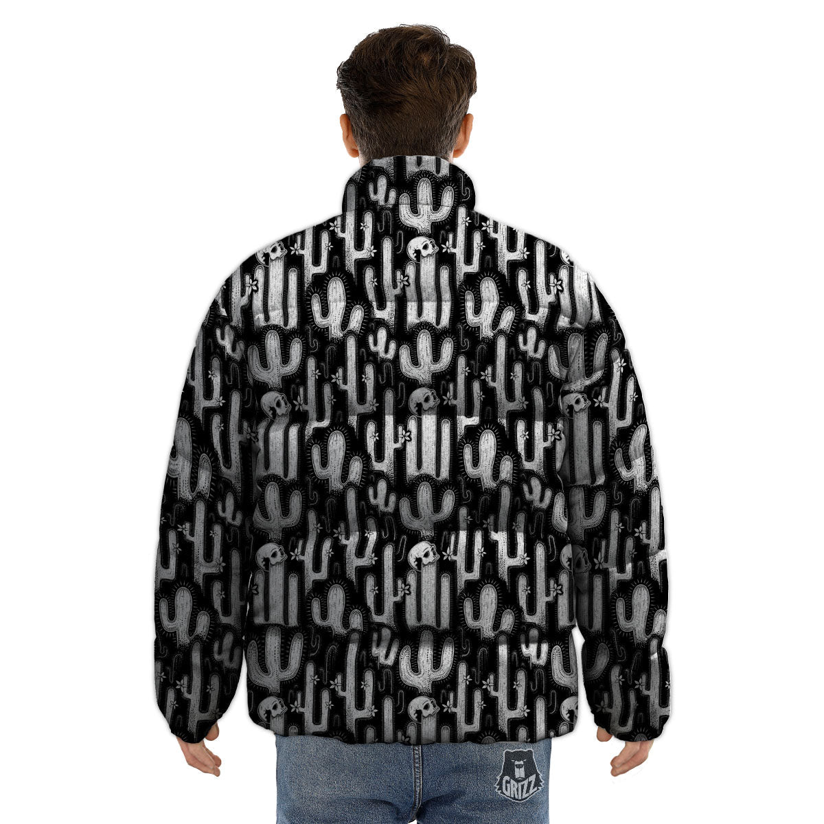 Cactus White And Black Print Pattern Puffer Jacket-grizzshop