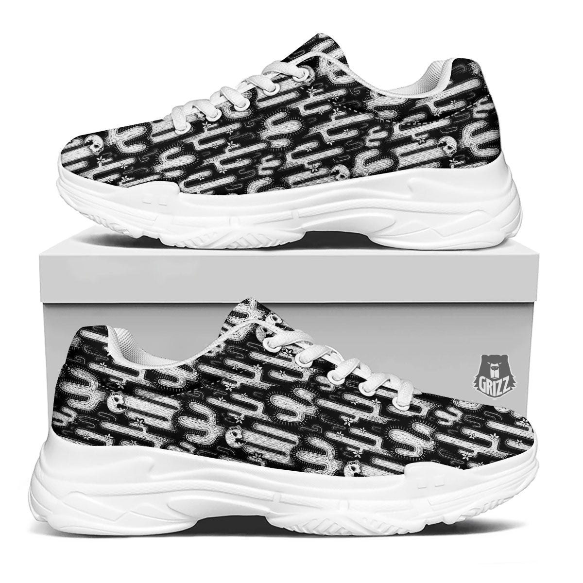Cactus White And Black Print Pattern White Chunky Shoes-grizzshop