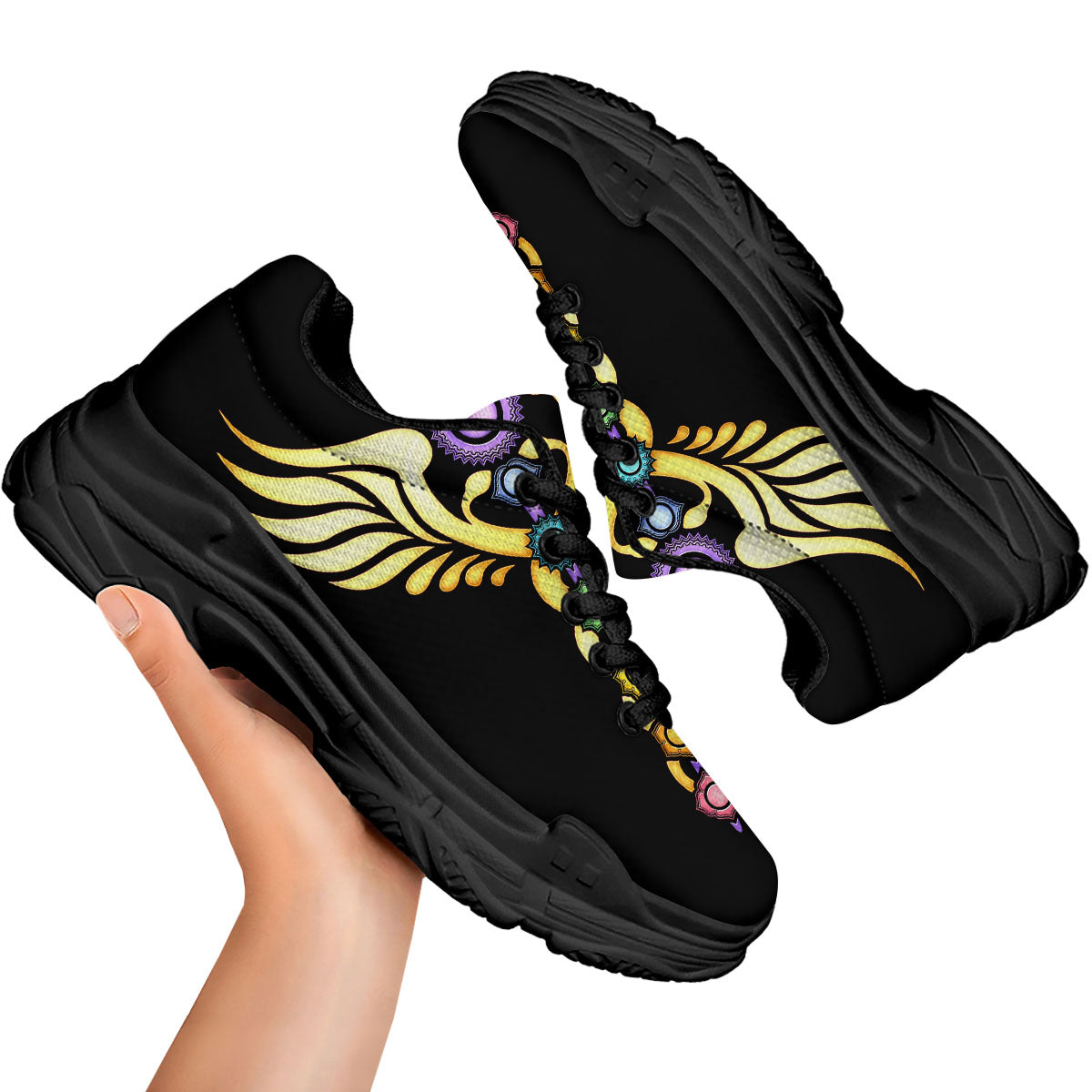 Caduceus 7 Chakras Print Black Chunky Shoes-grizzshop