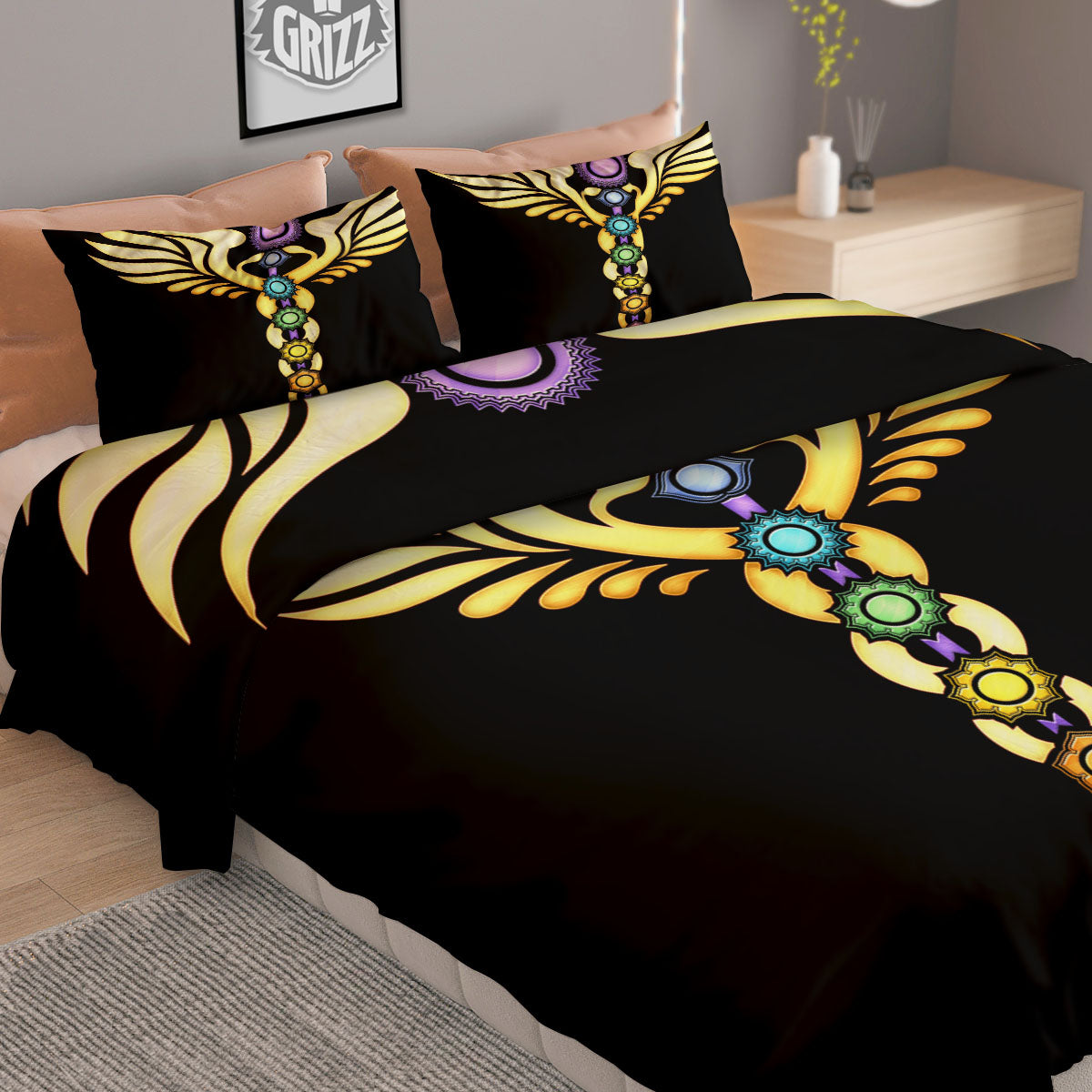 Caduceus 7 Chakras Print Duvet Cover Bedding Set