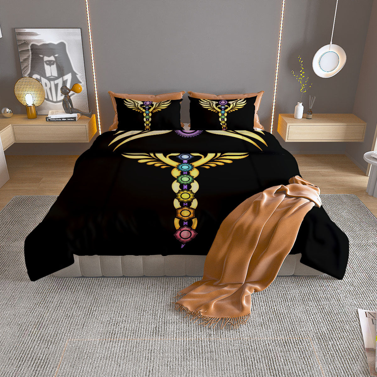 Caduceus 7 Chakras Print Duvet Cover Bedding Set