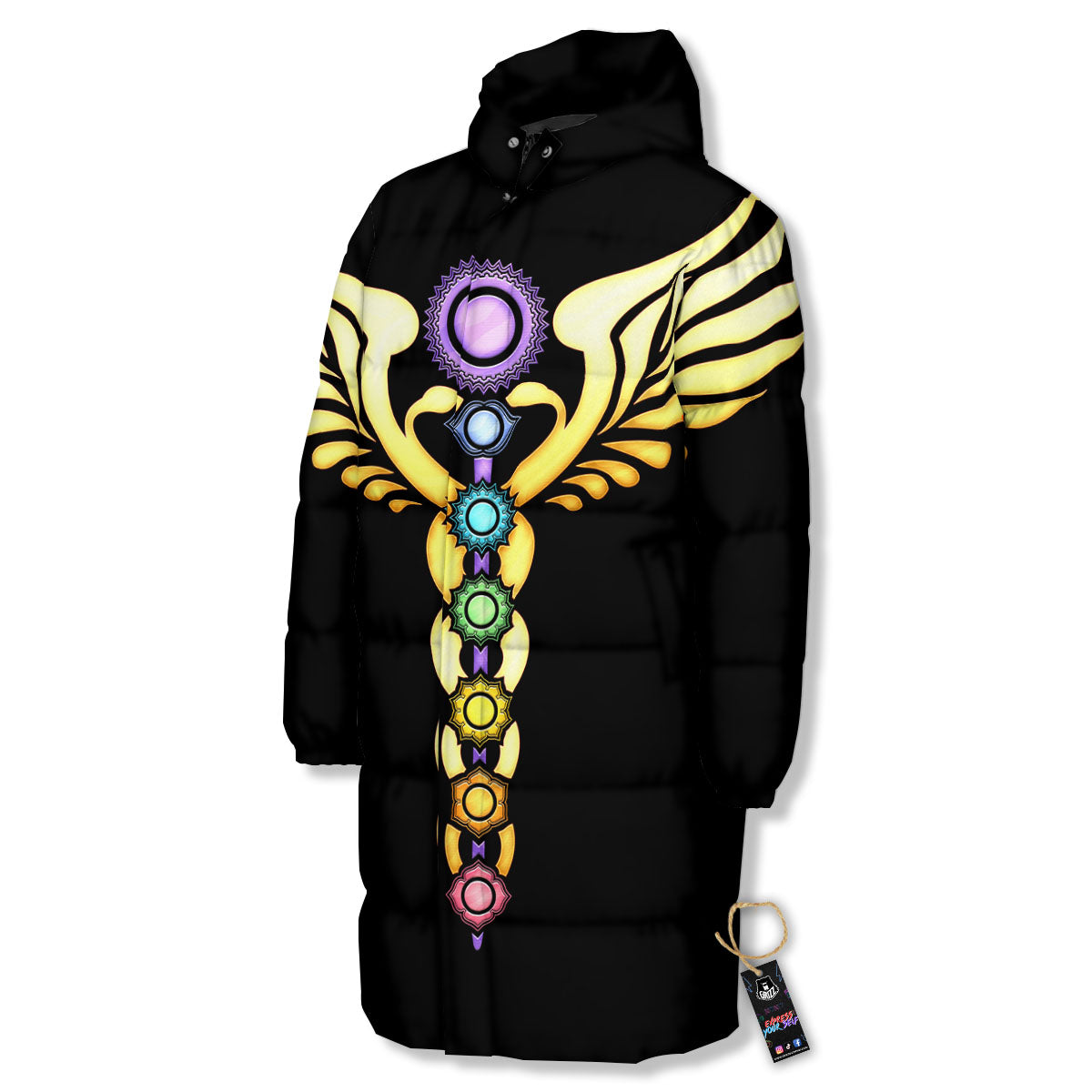 Caduceus 7 Chakras Print Long Down Jacket-grizzshop