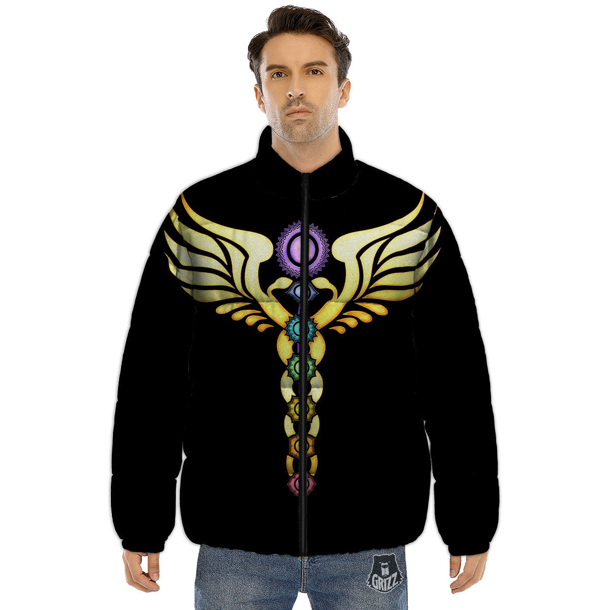 Caduceus 7 Chakras Print Puffer Jacket-grizzshop