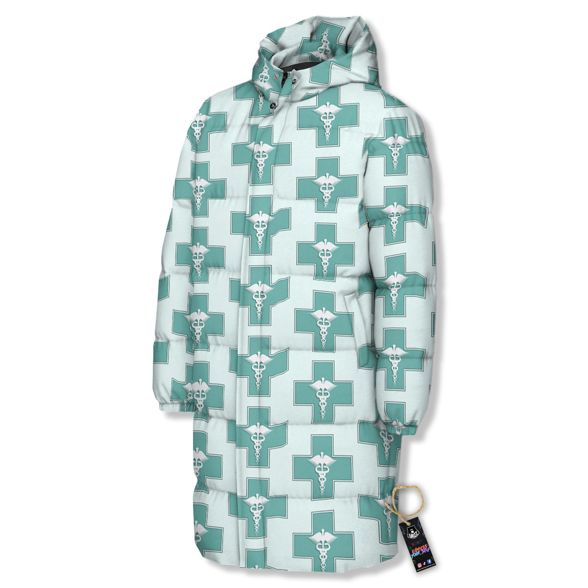 Caduceus Print Pattern Long Down Jacket-grizzshop