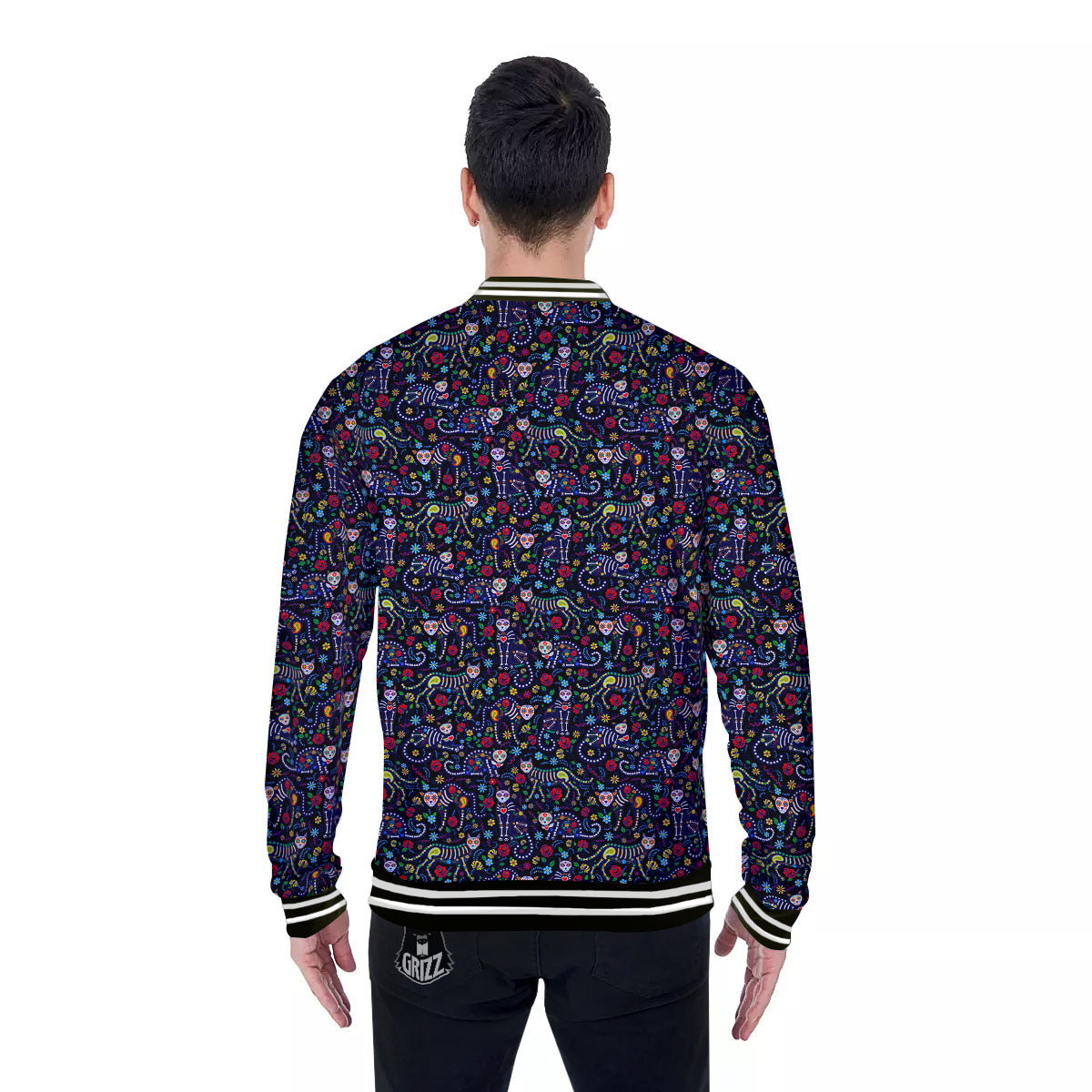 Calavera Cat Day Of The Dead Print Pattern Baseball Jacket-grizzshop
