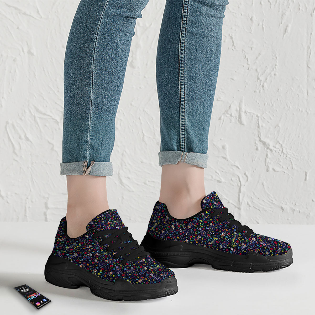 Calavera Cat Day Of The Dead Print Pattern Black Chunky Shoes-grizzshop