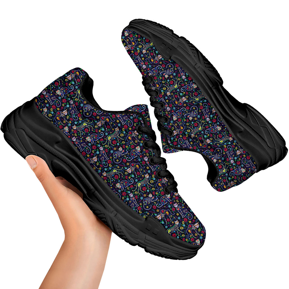 Calavera Cat Day Of The Dead Print Pattern Black Chunky Shoes-grizzshop
