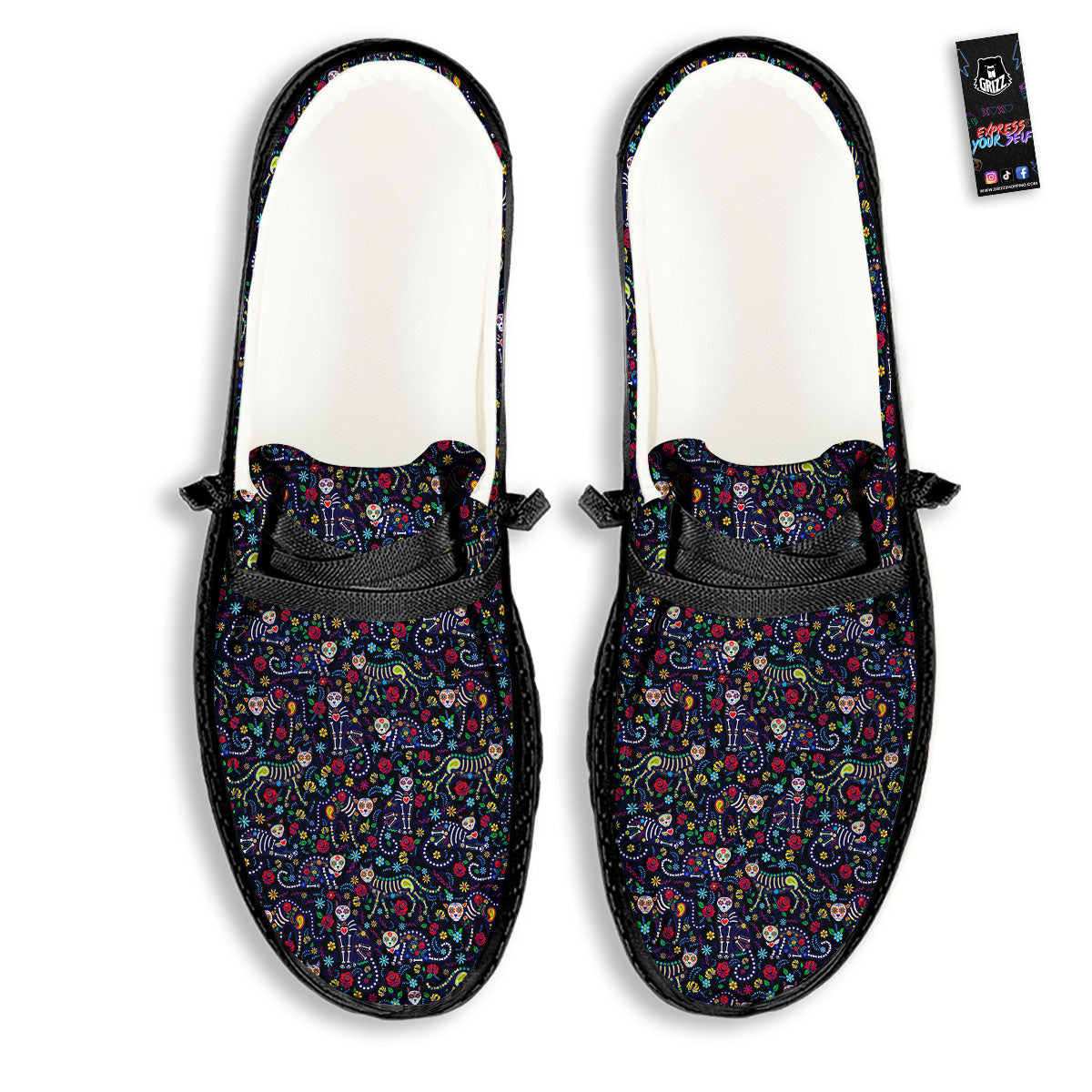 Calavera Cat Day Of The Dead Print Pattern Black Loafers-grizzshop