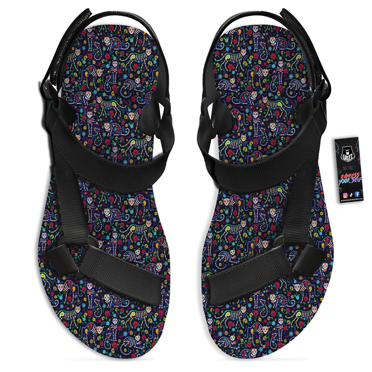 Calavera Cat Day Of The Dead Print Pattern Black Open Toe Sandals-grizzshop