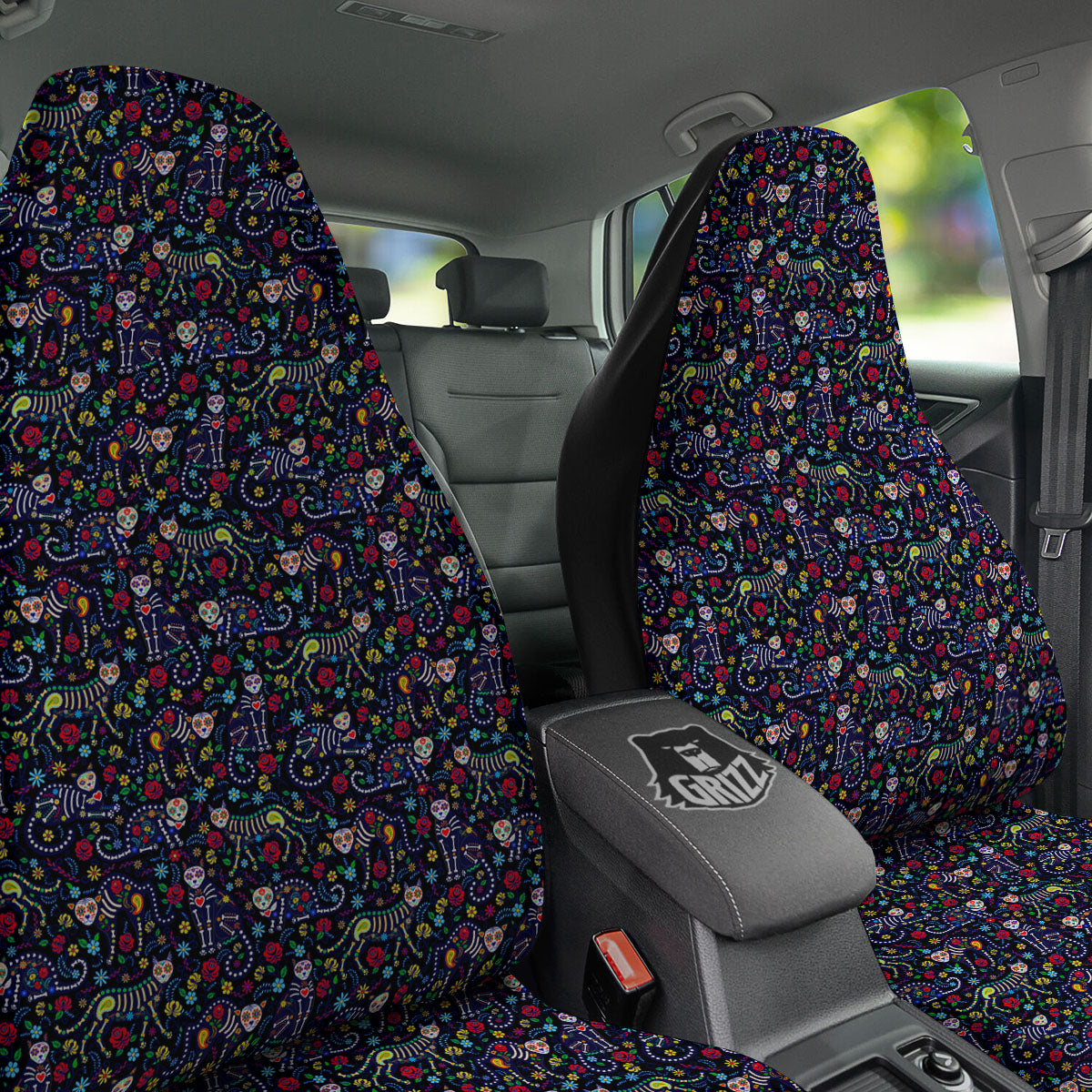 Calavera Cat Day Of The Dead Print Pattern Car Seat Covers-grizzshop