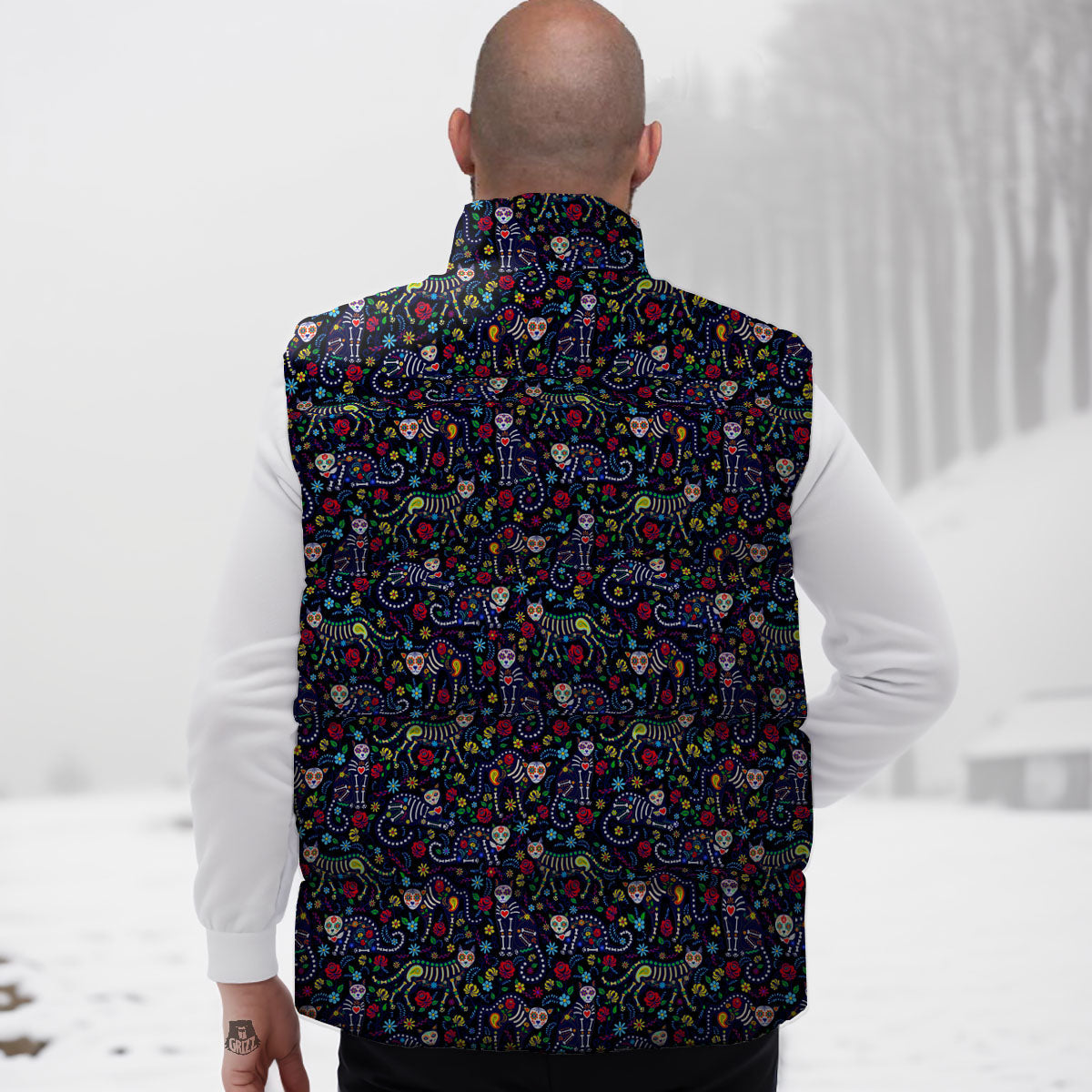 Calavera Cat Day Of The Dead Print Pattern Down Vest