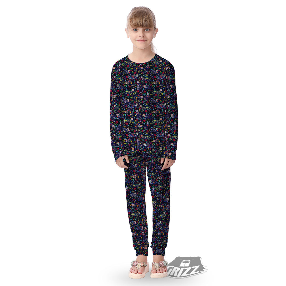 Calavera Cat Day Of The Dead Print Pattern Kid's Pajamas-grizzshop
