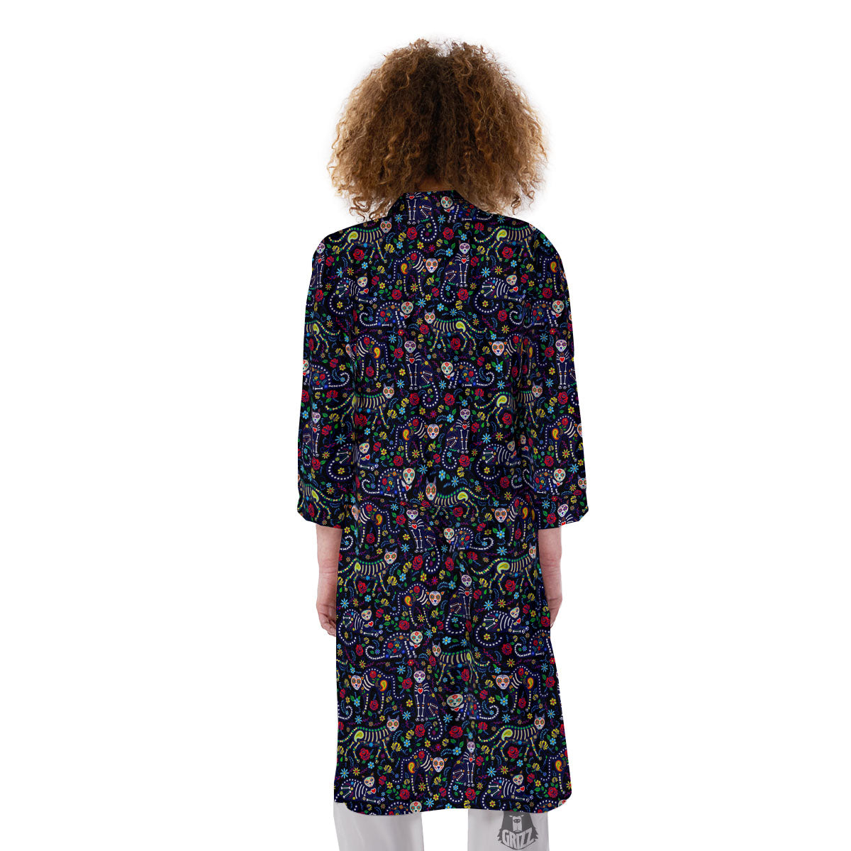 Calavera Cat Day Of The Dead Print Pattern Kimono-grizzshop