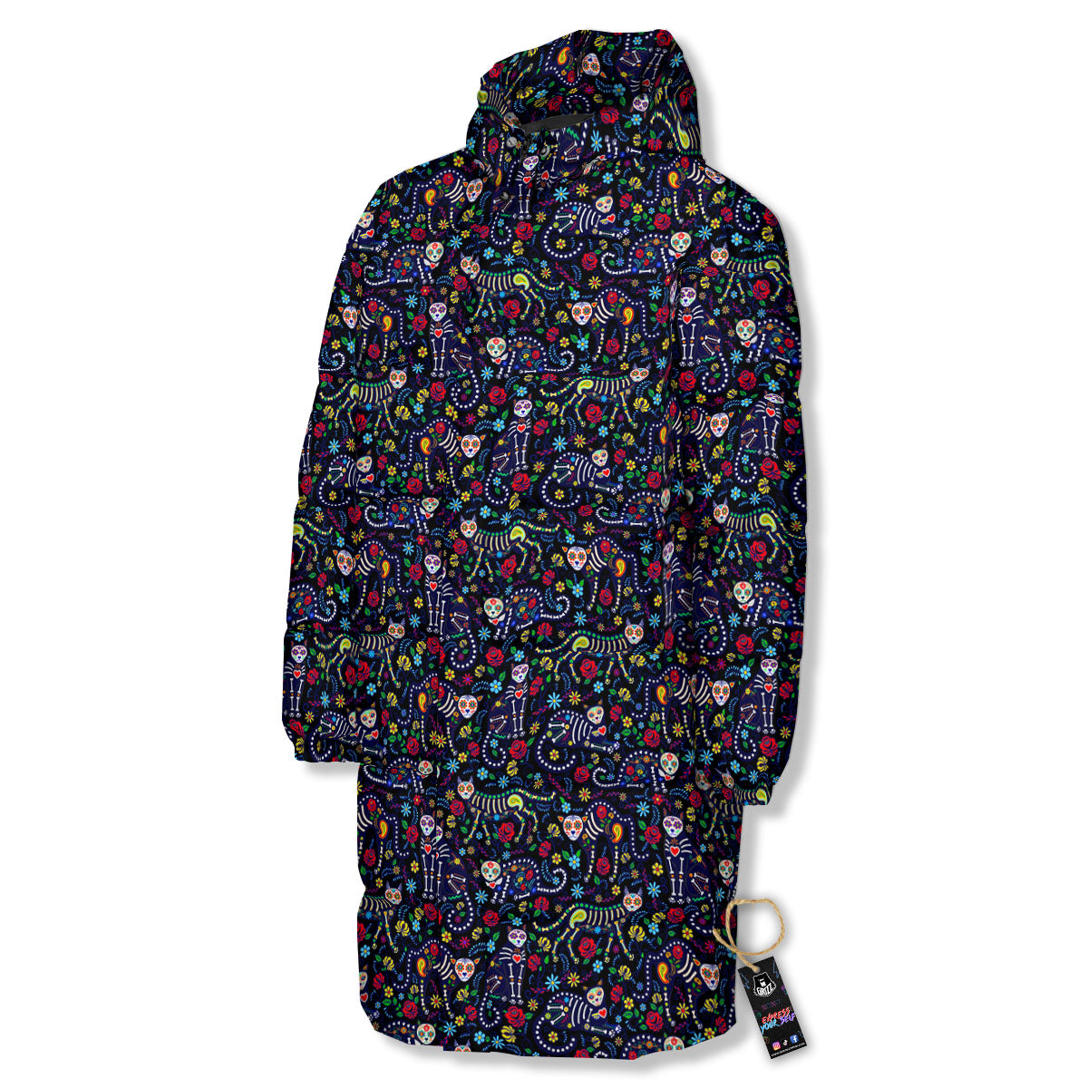 Calavera Cat Day Of The Dead Print Pattern Long Down Jacket-grizzshop