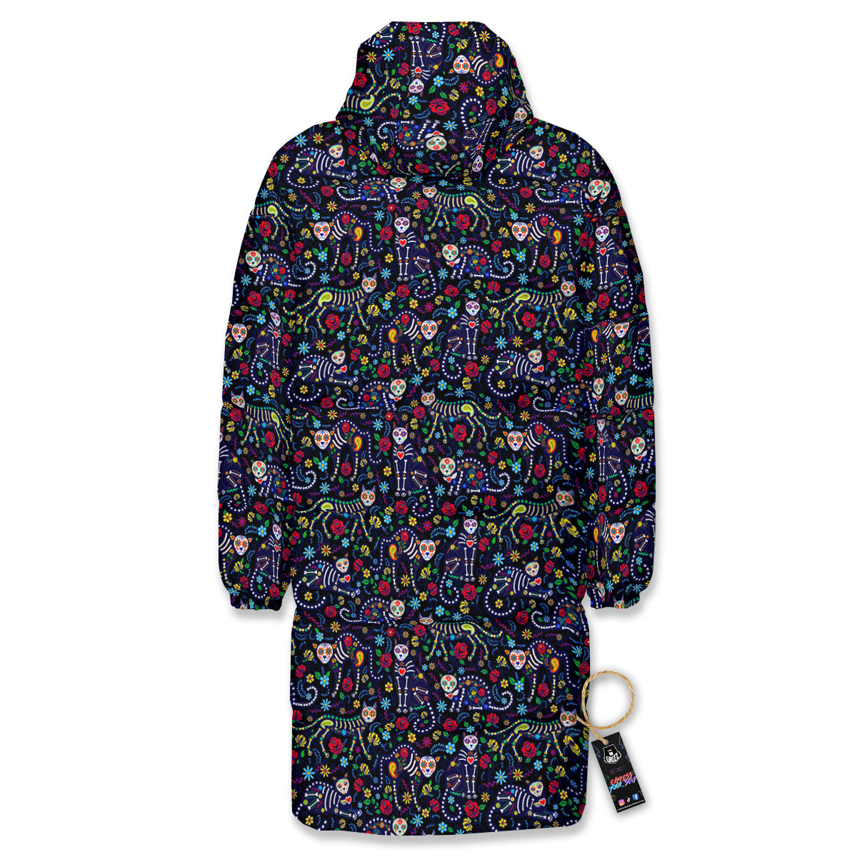 Calavera Cat Day Of The Dead Print Pattern Long Down Jacket-grizzshop