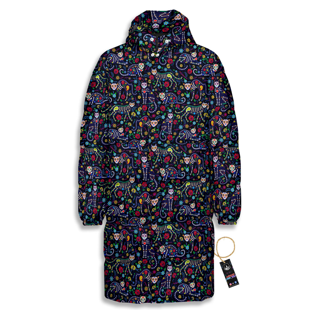 Calavera Cat Day Of The Dead Print Pattern Long Down Jacket-grizzshop