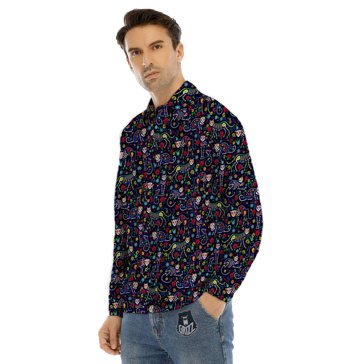 Calavera Cat Day Of The Dead Print Pattern Men's Dress Shirts-grizzshop