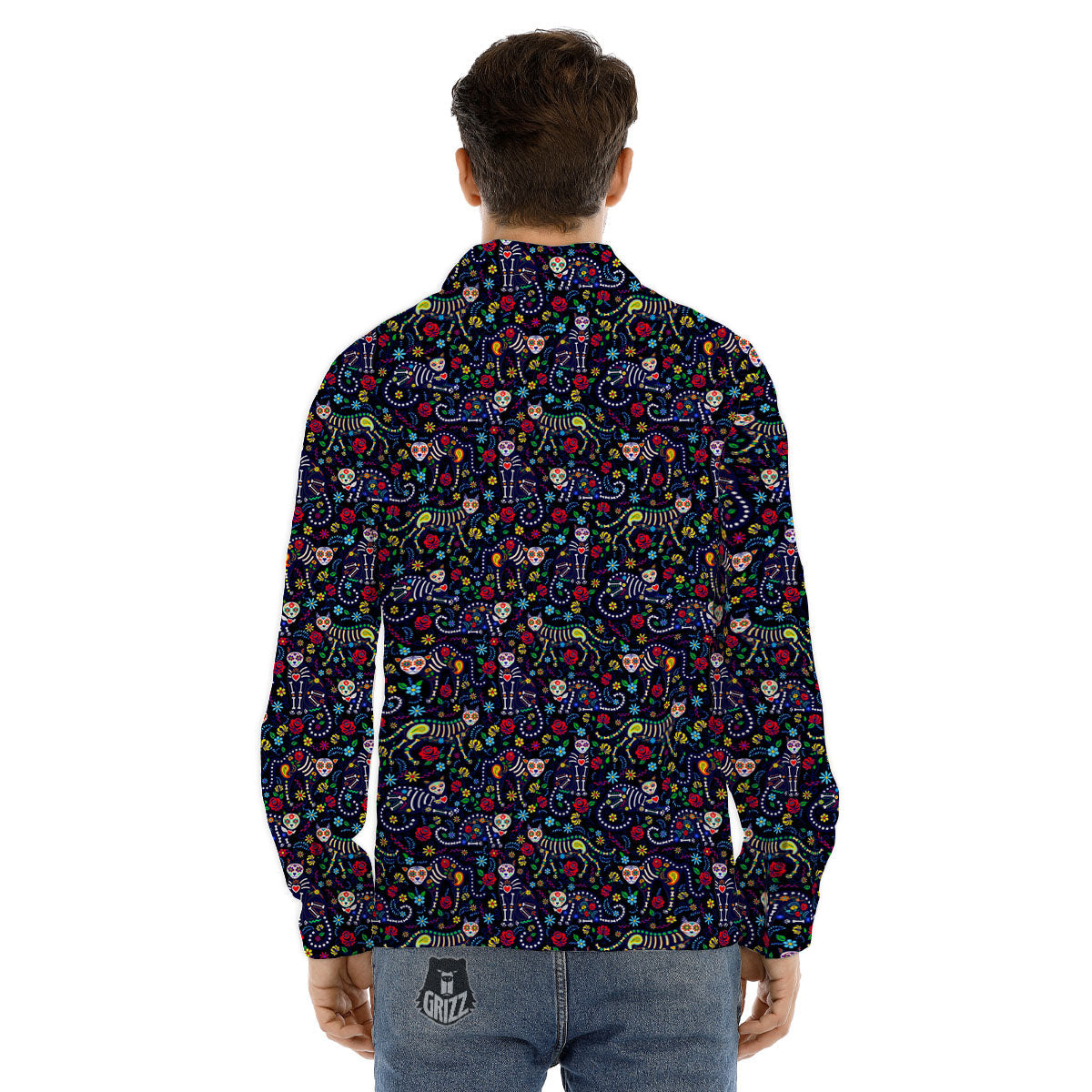 Calavera Cat Day Of The Dead Print Pattern Men's Dress Shirts-grizzshop