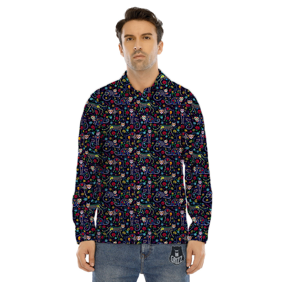 Calavera Cat Day Of The Dead Print Pattern Men's Dress Shirts-grizzshop