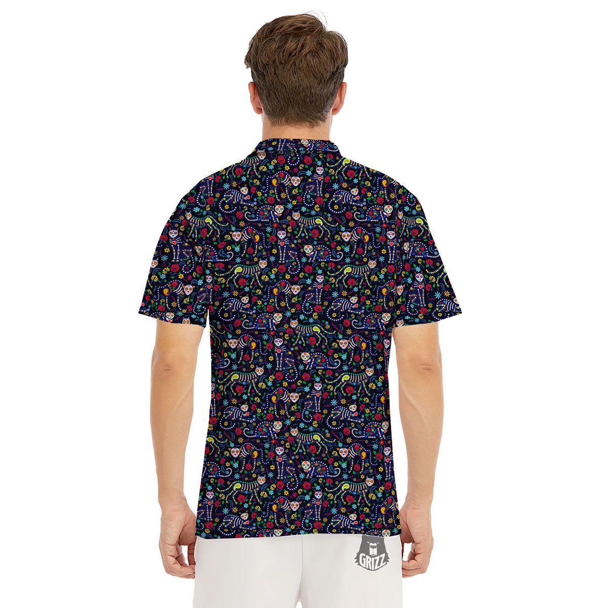 Calavera Cat Day Of The Dead Print Pattern Men's Golf Shirts-grizzshop