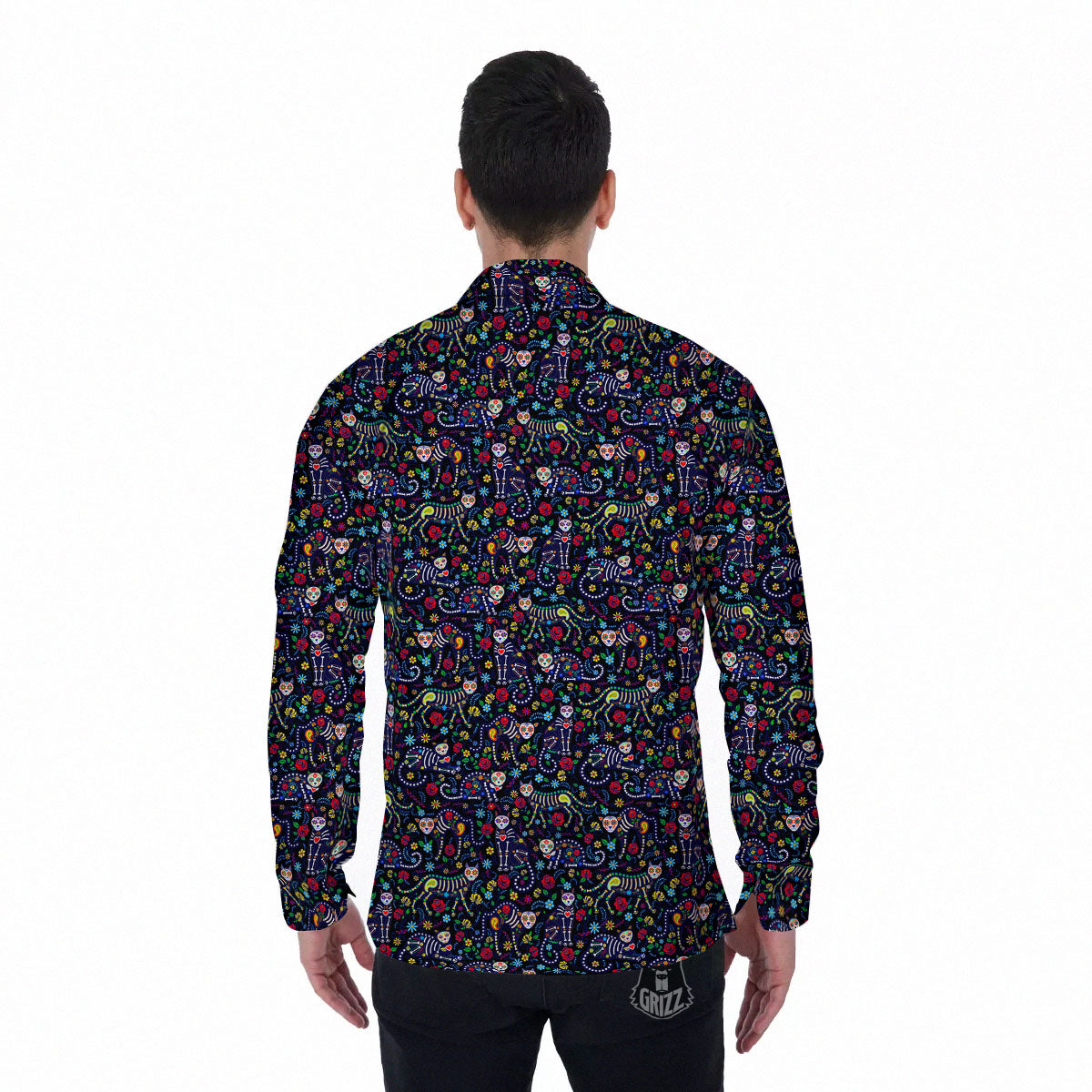 Calavera Cat Day Of The Dead Print Pattern Men's Long Sleeve Shirts-grizzshop