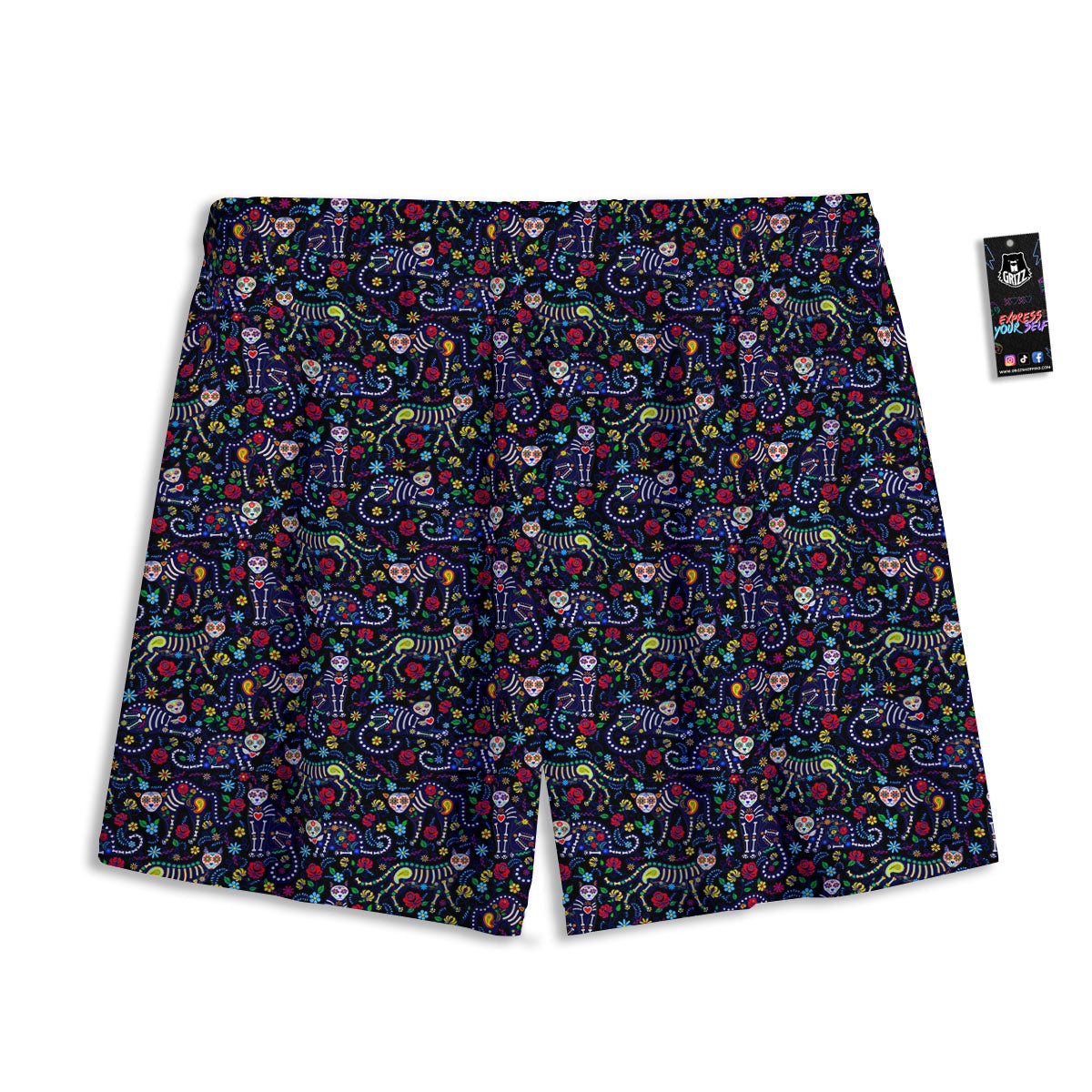 Calavera Cat Day Of The Dead Print Pattern Mesh Shorts
