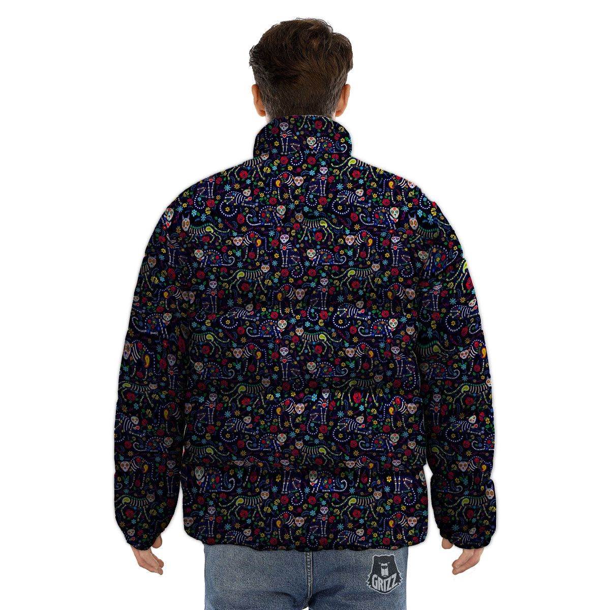 Calavera Cat Day Of The Dead Print Pattern Puffer Jacket-grizzshop