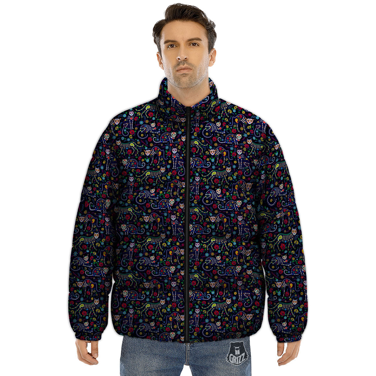 Calavera Cat Day Of The Dead Print Pattern Puffer Jacket-grizzshop