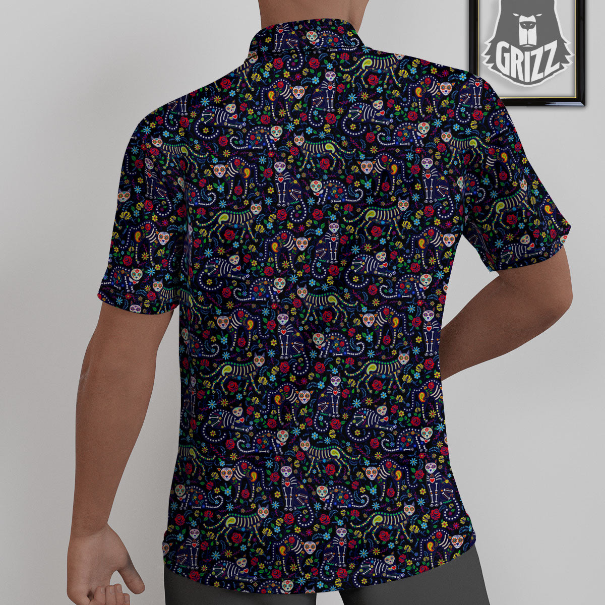 Calavera Cat Day Of The Dead Print Pattern Untucked Shirts-grizzshop